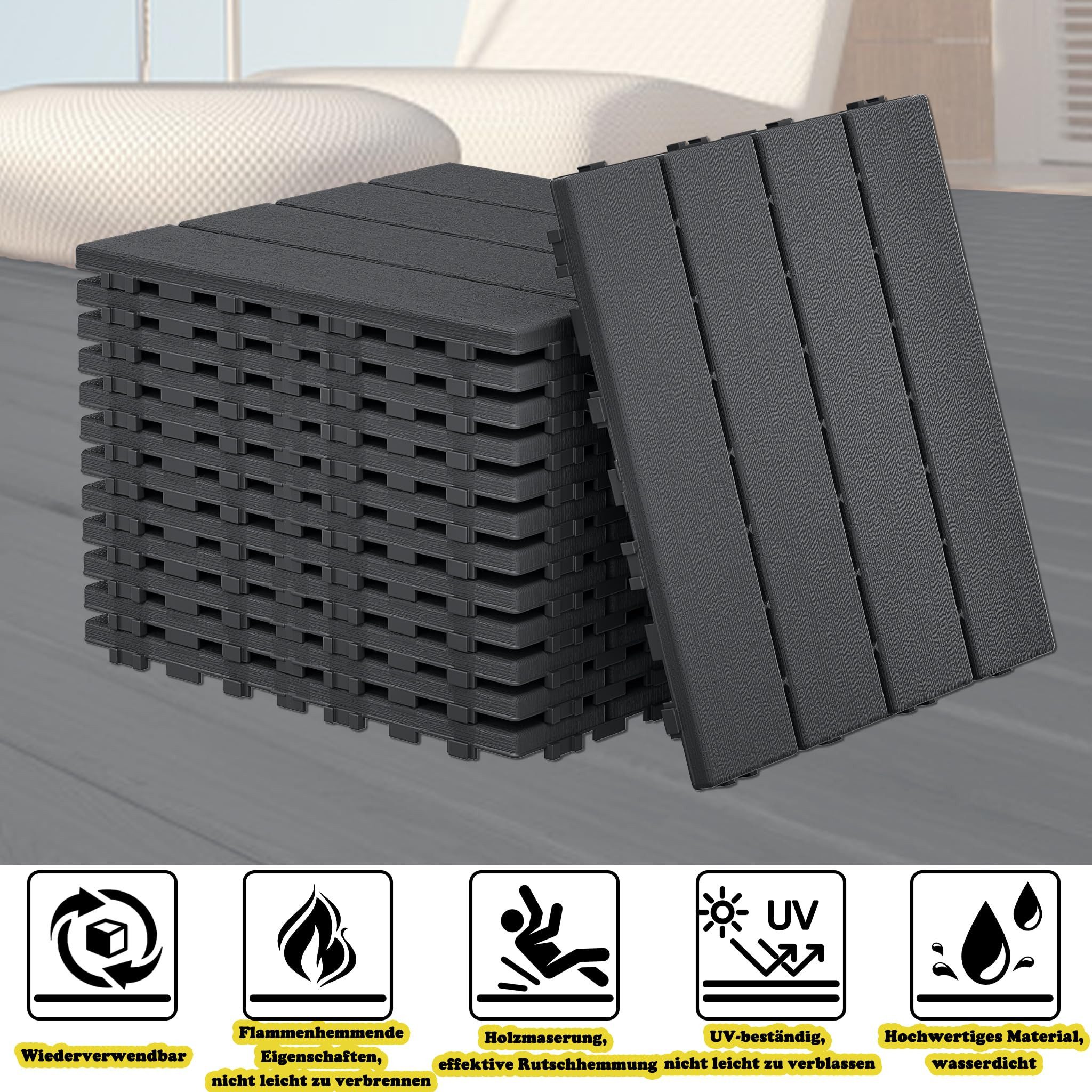 FIVMEN Terrassendielen 30x30cm Fliesen Balkonfliesen Terrassenfliesen in Holzoptik, Anthrazit, (11-St), für Terrassen, Gärten, Schwimmbäder