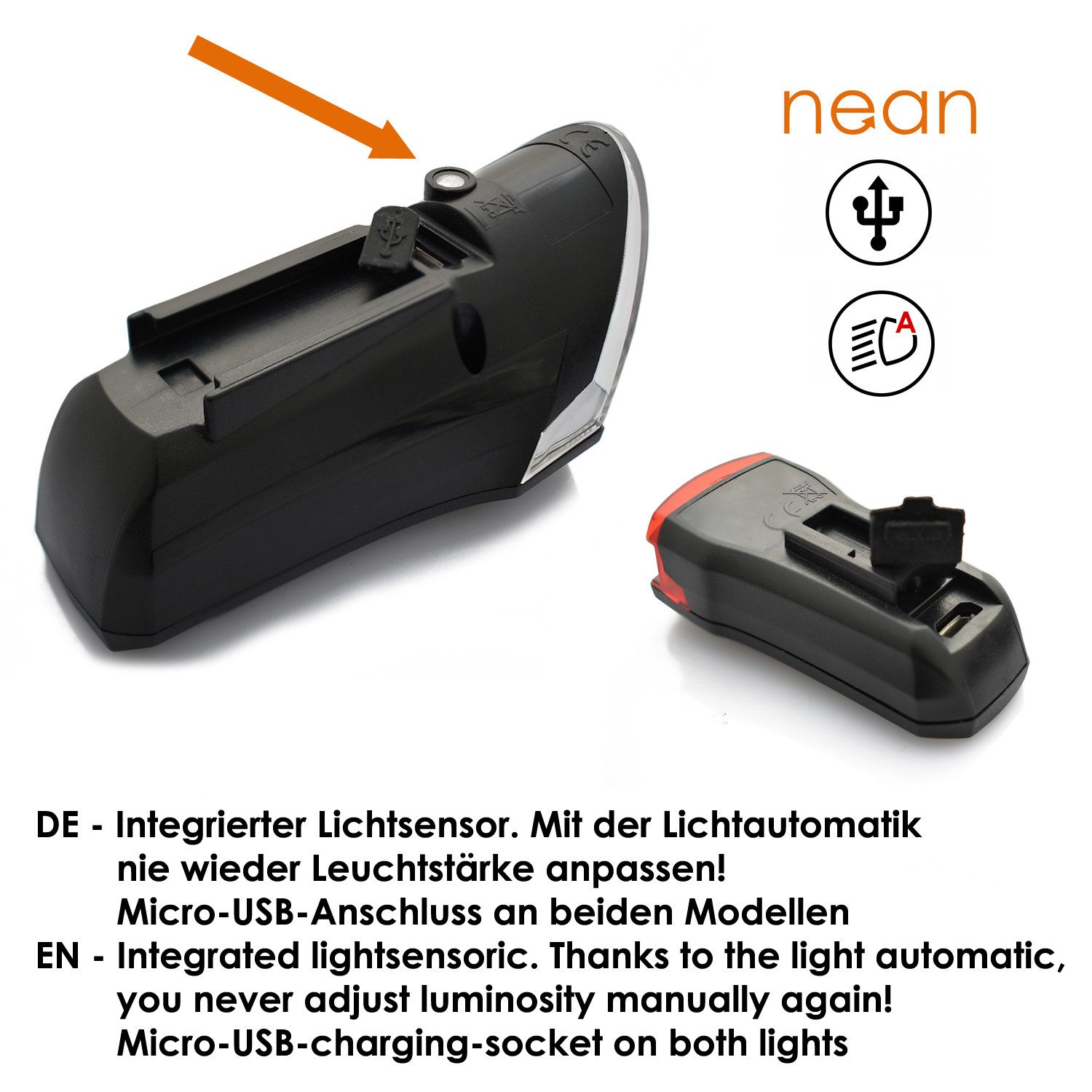 nean Fahrradbeleuchtung Set mit Akku, Lichtautomatik und Bremsleuchte, 60 LUX 6 Candela, mit 3 Helligkeitsstufen und USB-Ladebuchsen, abnehmbar, StVZO – Bild 4 von 5