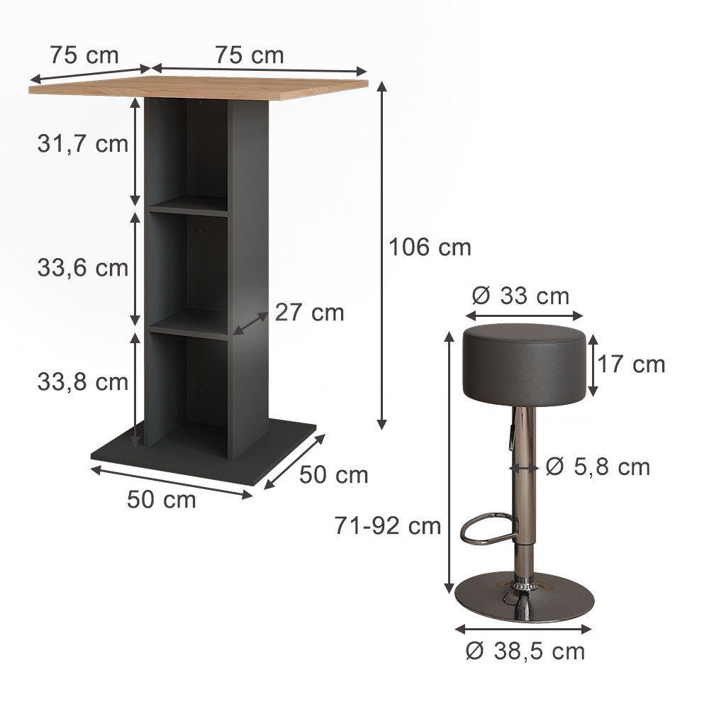 Vicco Bartisch Repose, Anthrazit/Goldkraft Eiche, 75 günstig online kaufen