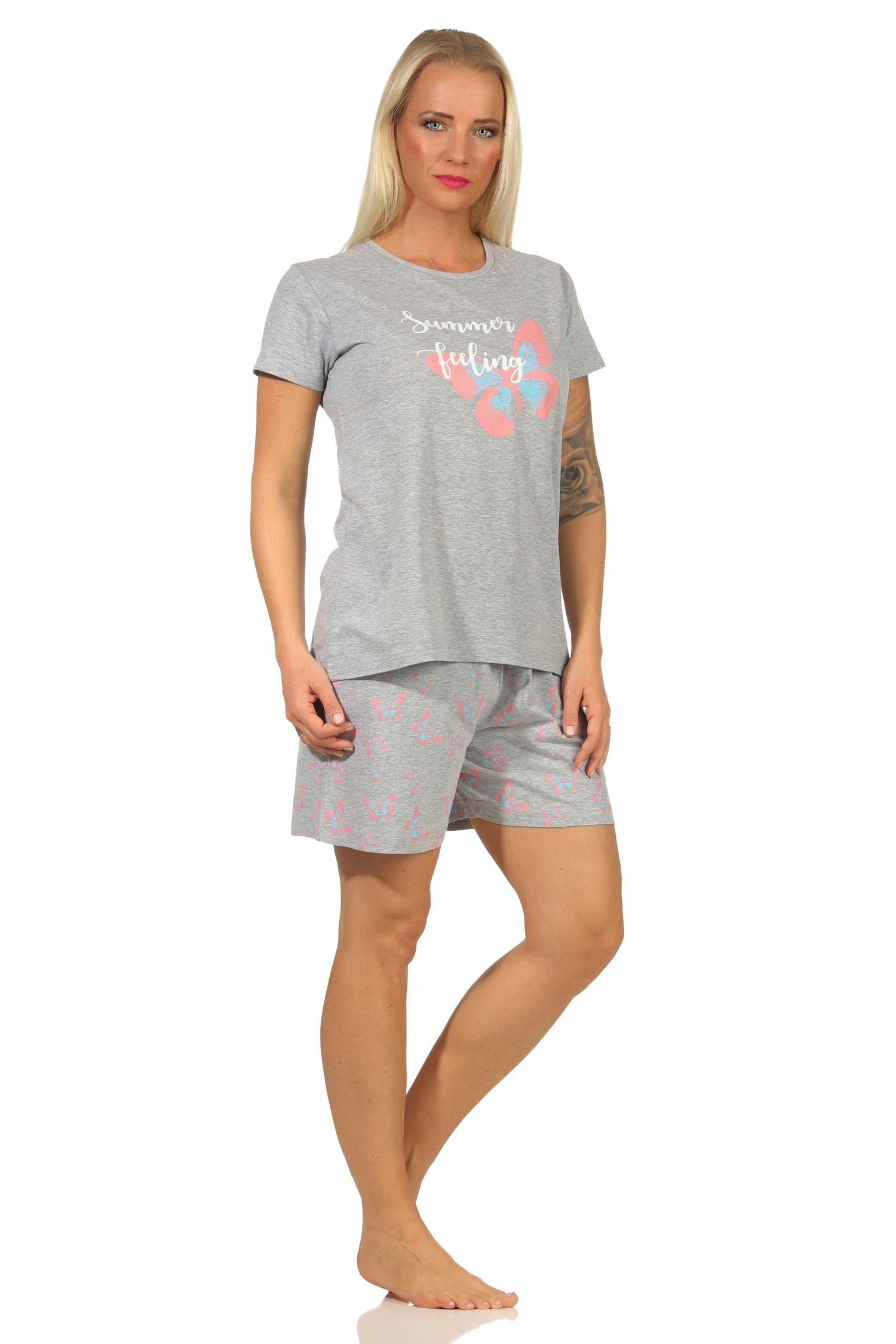 Damen by mit kurzarm Sommerlicher Schmetterlingsmotiv Pyjama grau Shorty Normann Schlafanzug RELAX