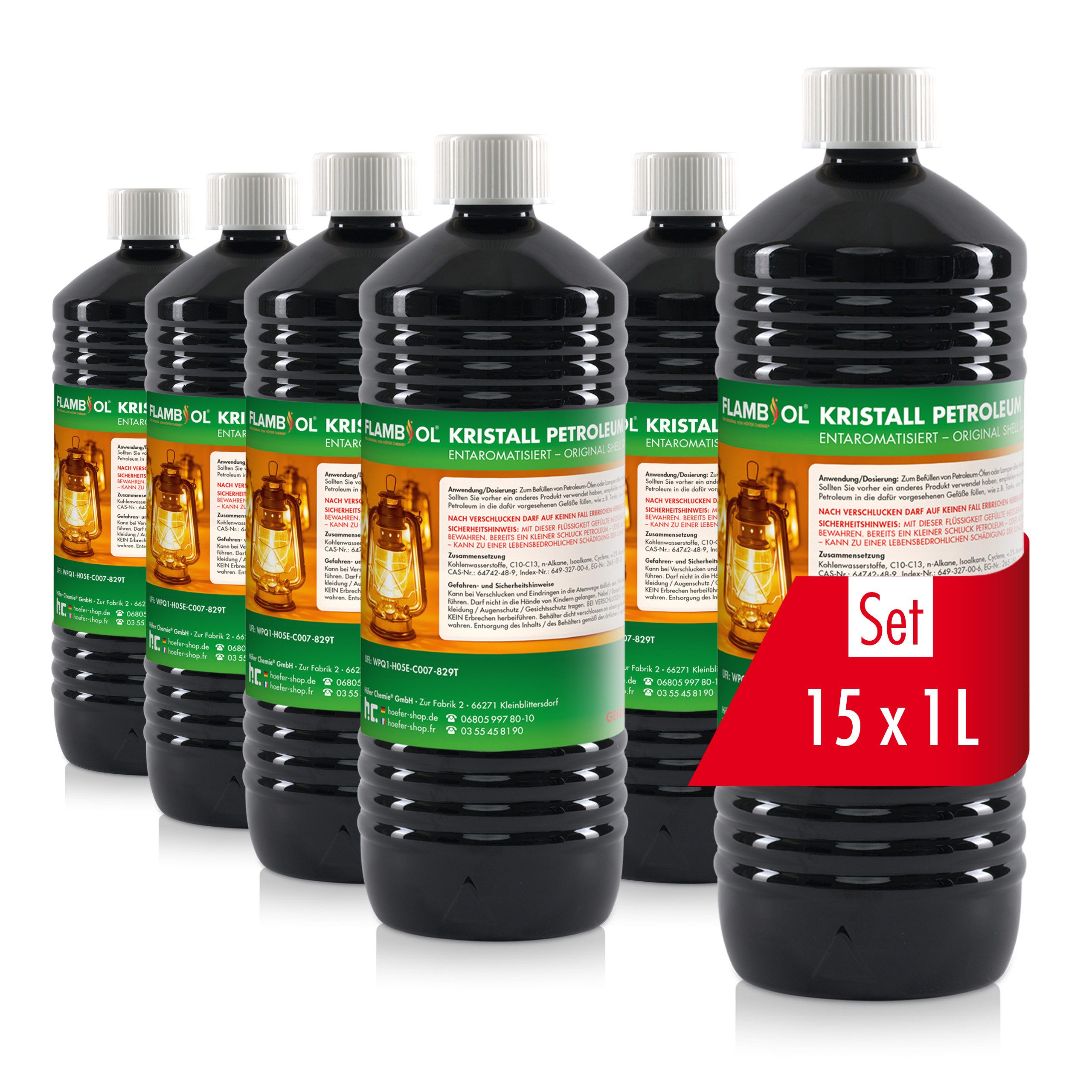 Höfer Chemie GmbH Petroleum 15x 1 L FLAMBIOL® Petroleum Heizöl in Flaschen, 15 l, (15-St), Sauberer Brennstoff für Öfen und Heizungen