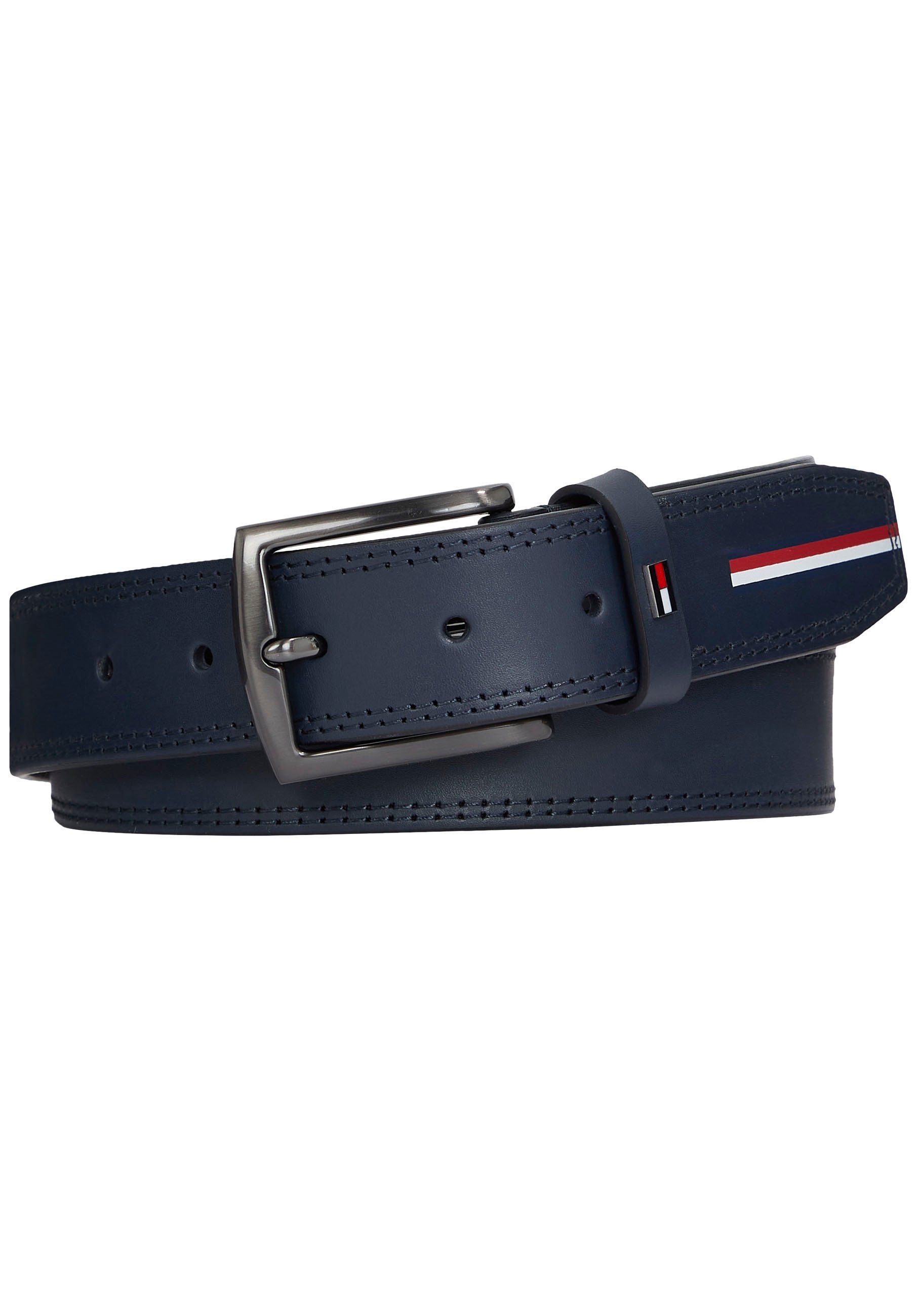 Ledergürtel Blue eleganter Space Hilfiger und TH-Streifen DENTON Tommy CORPORATE mit Ziernaht