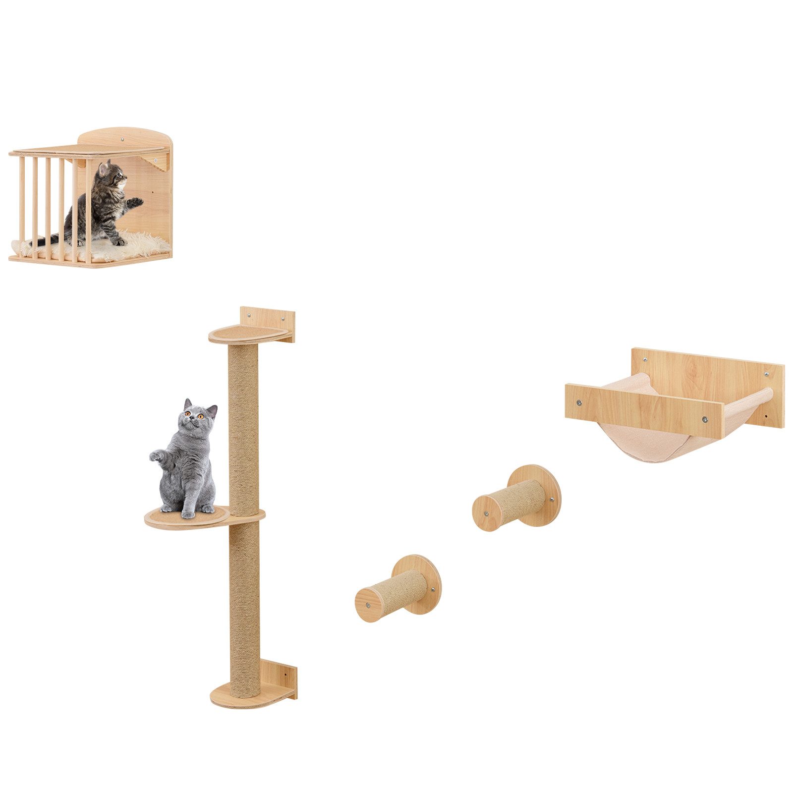 COSTWAY Kratzbaum, 4-teiliges Kletterzentrum, Katzenhaus, Wandmontage