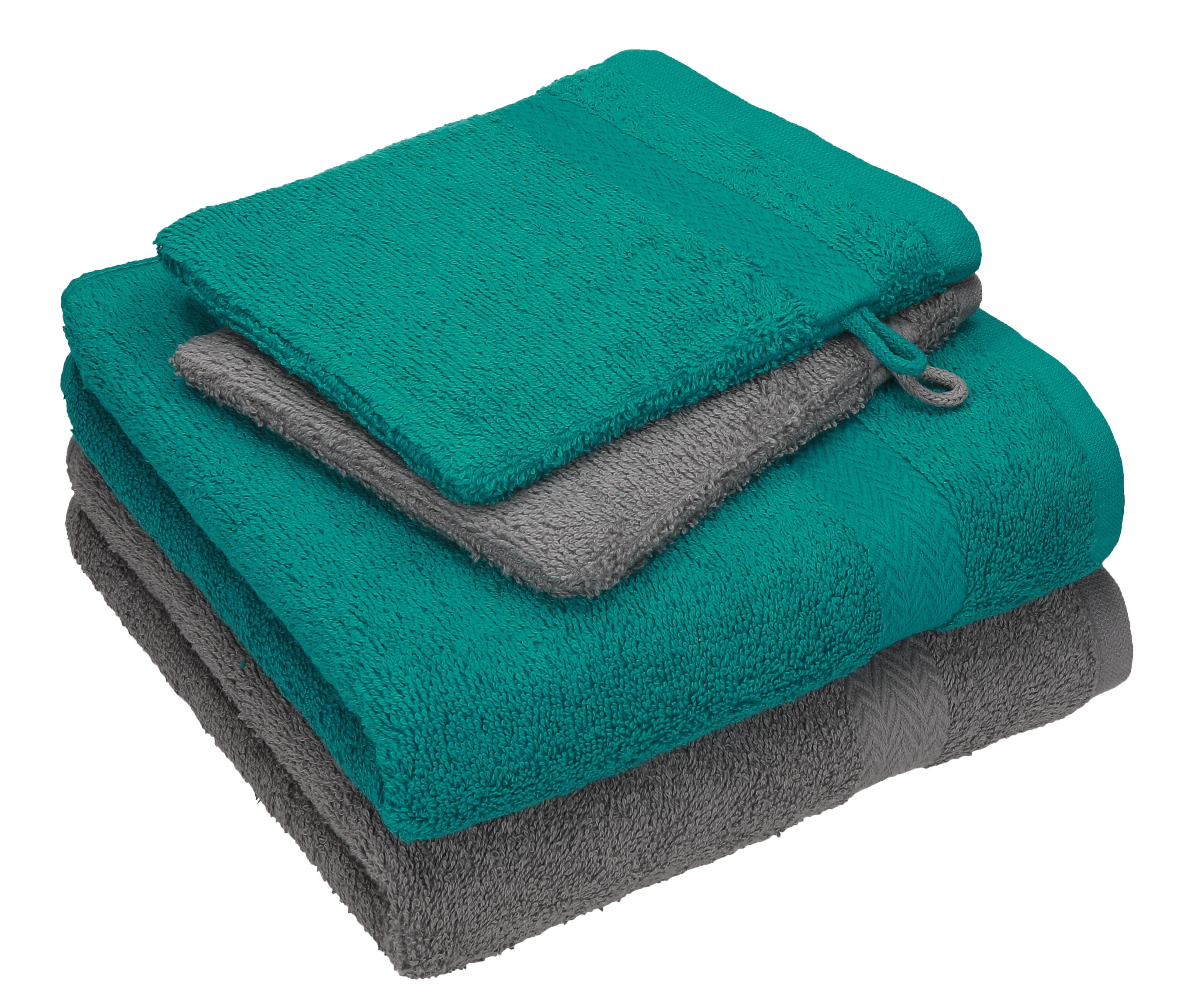 Betz Handtuch Set 4 TLG. Handtuch Set Happy Pack 100% Baumwolle 2 Handtücher 2 Waschhandschuhe, 100% Baumwolle anthrazit grau - smaragdgrün