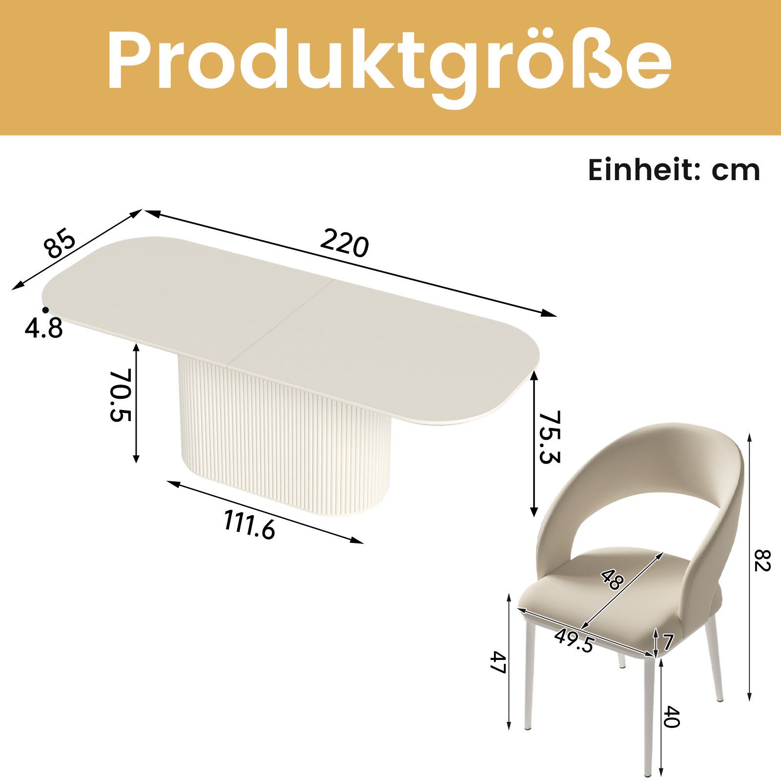 Guyii Essgruppe Esszimmermöbel, cremeweißer ovaler Esstisch mit PU-Esszimmerstühlen, (7-tlg), mit 6 Stühlen, 220 x 85 cm Tisch