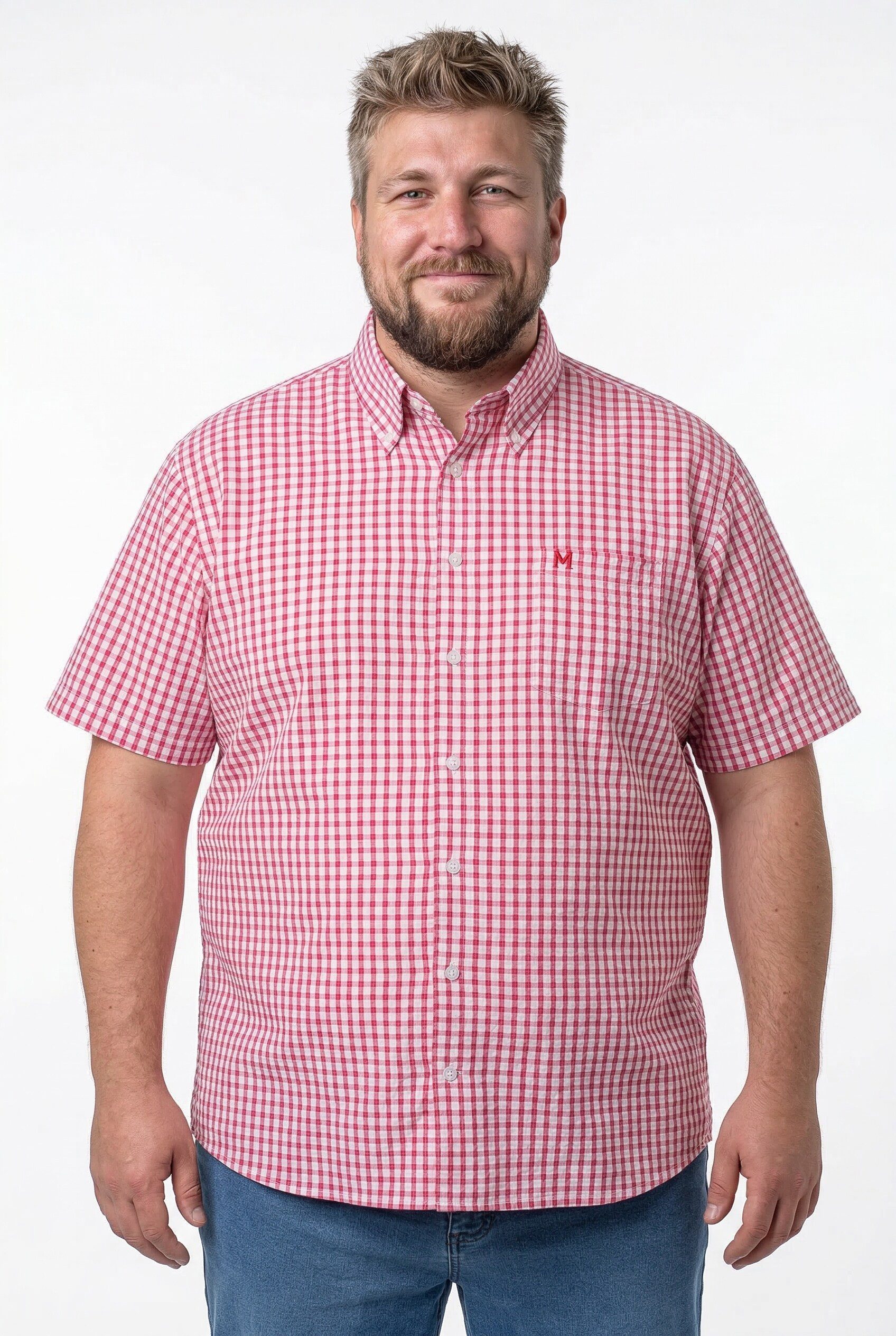Men Plus Kurzarmhemd Karohemd Halbarm Seersucker Buttondown-Kragen