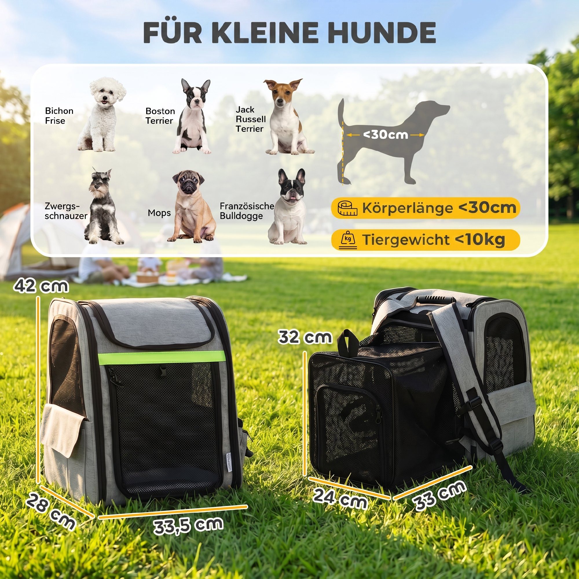 PawHut Tiertransportbox Hunderucksack Erweiterbar mit Netzfenster Taschen bis 10 kg, für Katzen Hunde bis 10 kg 33,5 x 28 x 42 cm Hellgrau