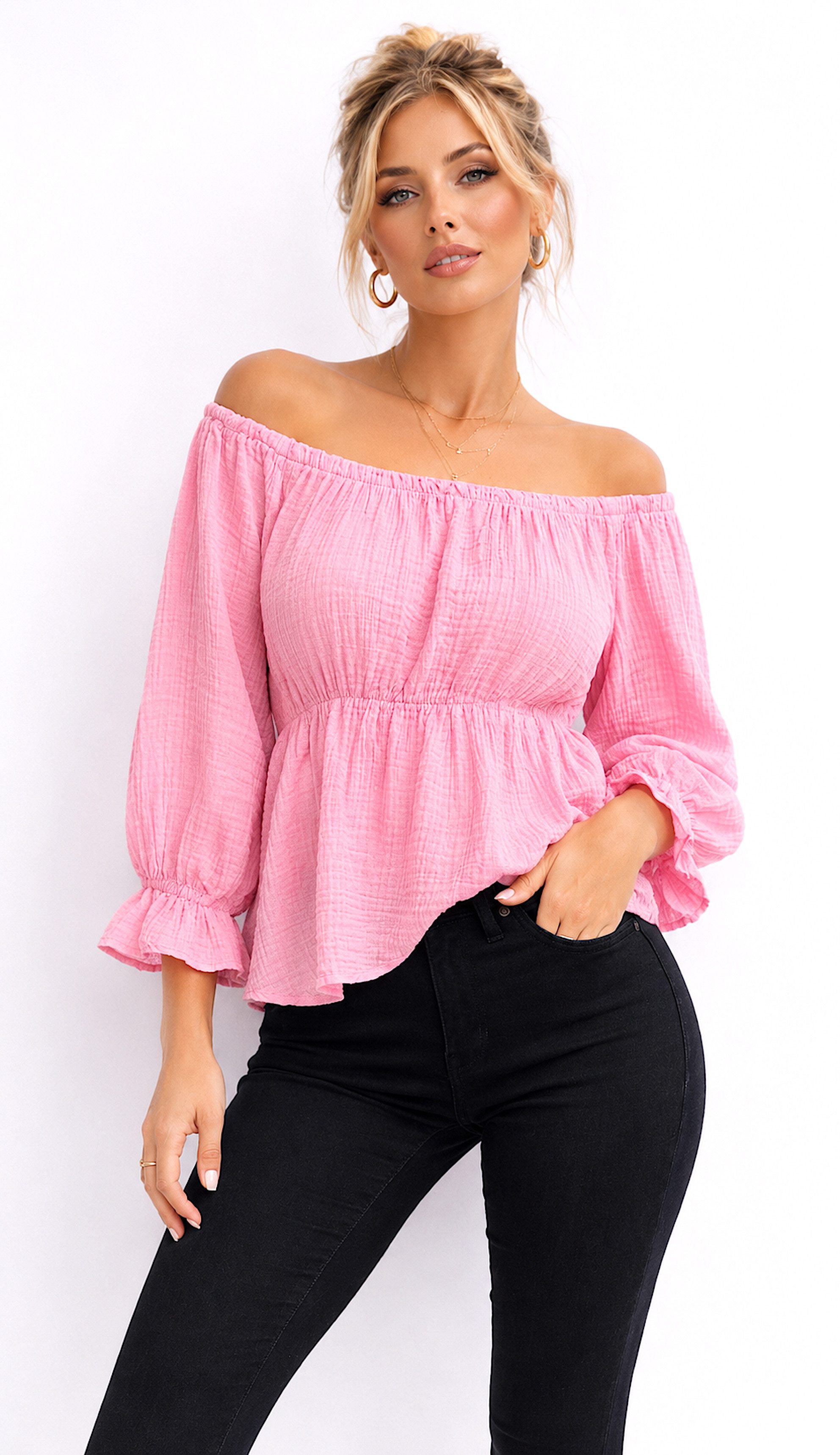 Worldclassca Chiffonbluse Worldclassca Musselin Off Shoulder Bluse Chiffon Sommer Top Shirt 3/4 Neue Kollektion - Stilvolle und gemütliche Sommer Mode für Damen