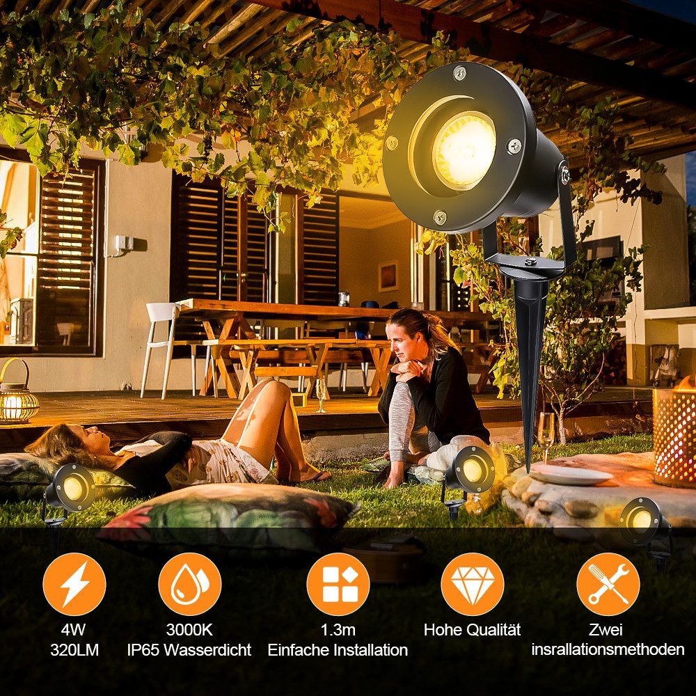 Clanmacy LED Gartenstrahler Gartenbeleuchtung mit Erdspieß 4W IP65 Gartenleuchte Warmweiß, LED fest integriert, Warmweiß