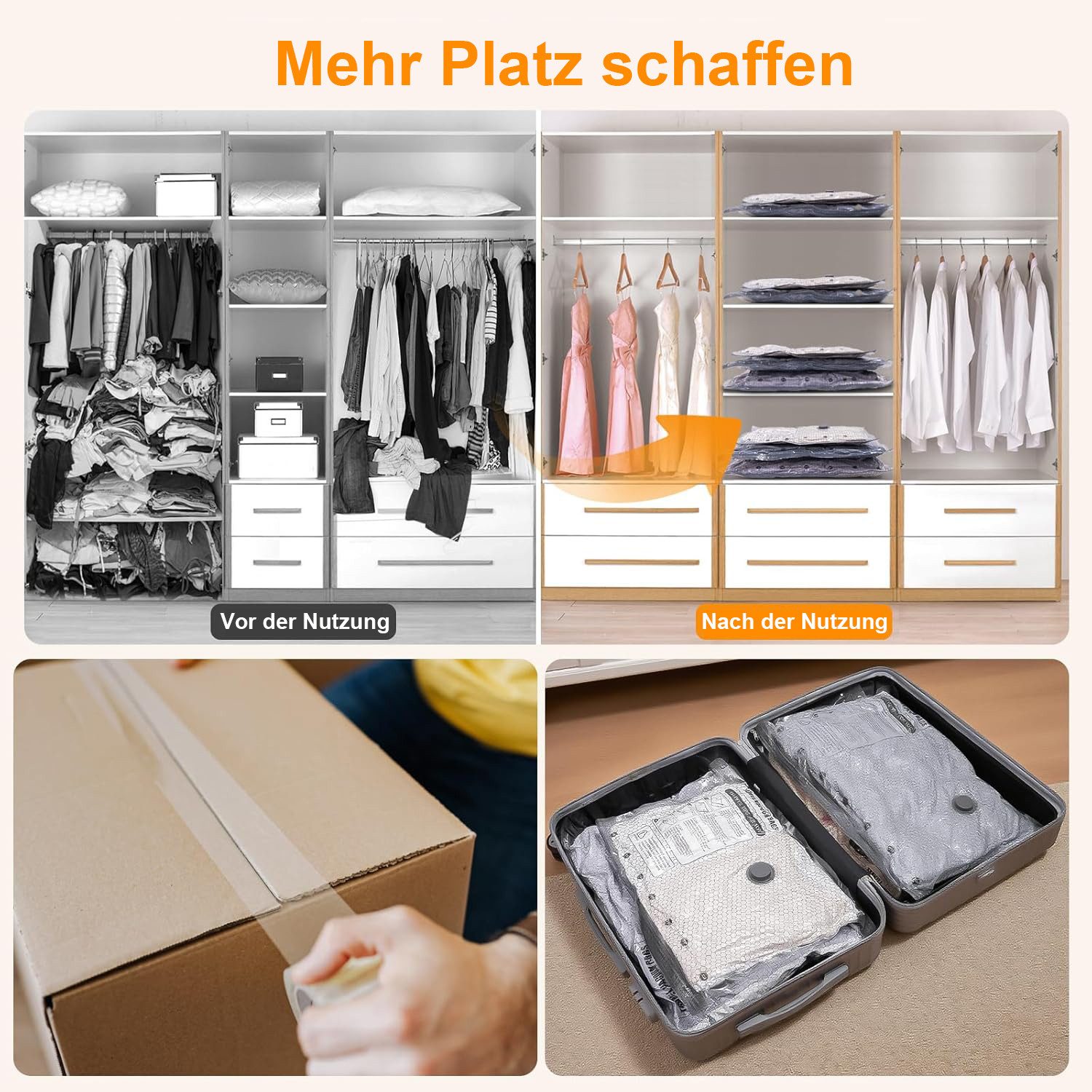 Futicare Kofferorganizer Vakuumbeutel für Kleidung mit kabelloser Vakuumpumpe 15 Stück (Transparente, langlebige und wiederverwendbare Vakuumbeutel in drei Reis – Bild 4 von 5