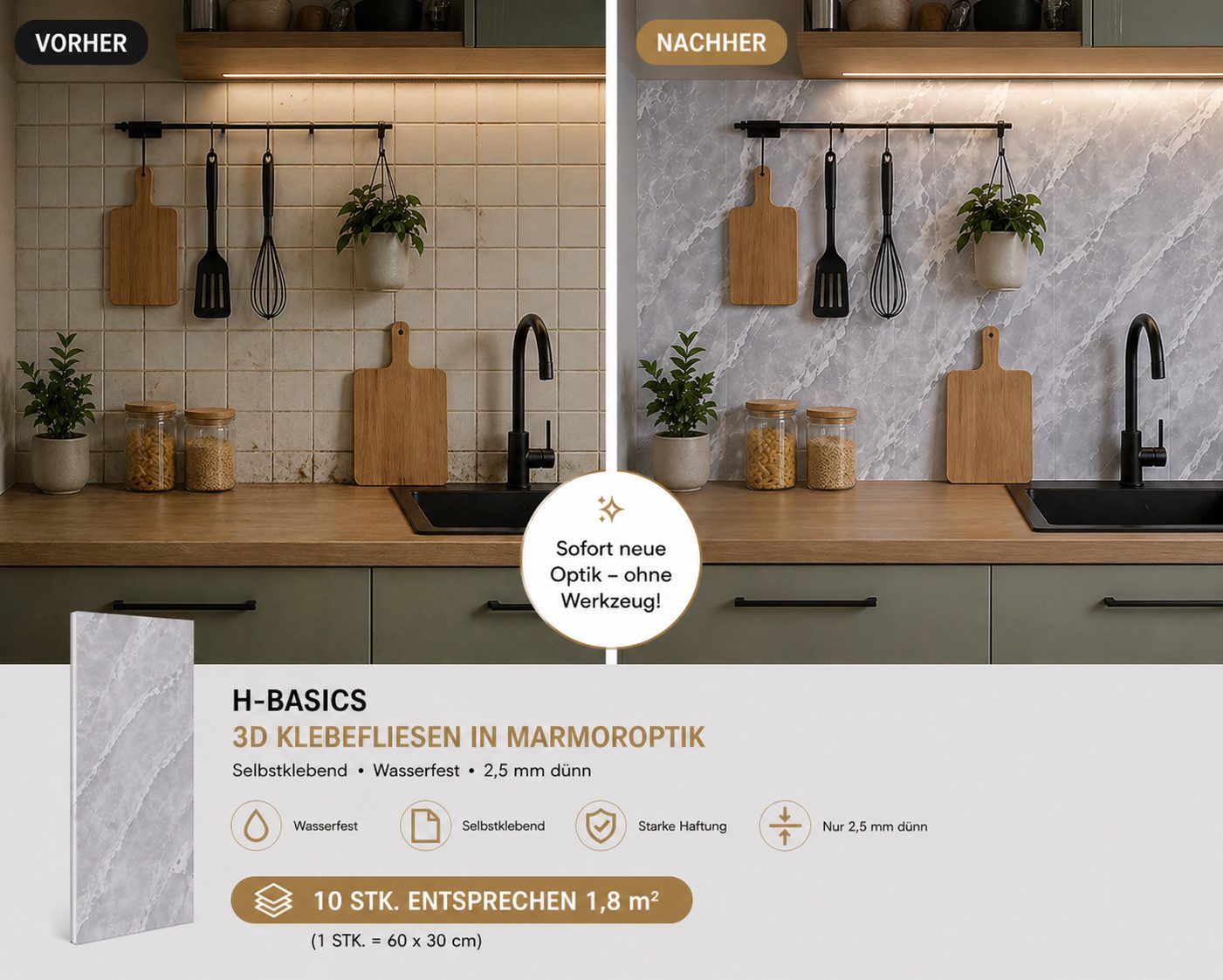 H-basics Fliesenaufkleber Klebefliesen Stein-Optik 60×30 cm 10 Stk 3D Fliesenoptik selbstklebend (Marmor Stein Optik), Wasserfest, Für Innenbereiche geeignet, P – Bild 5 von 5