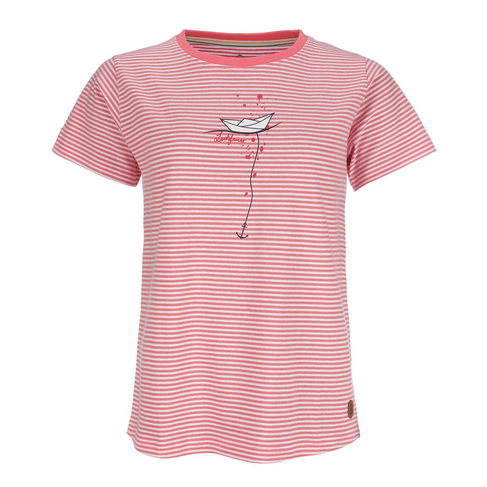 Leitfeuer T-Shirt Damen Kurzarmshirt gestreift mit Papierschiff-Anker-Print - Rundhalsshirt aus Baumwolle