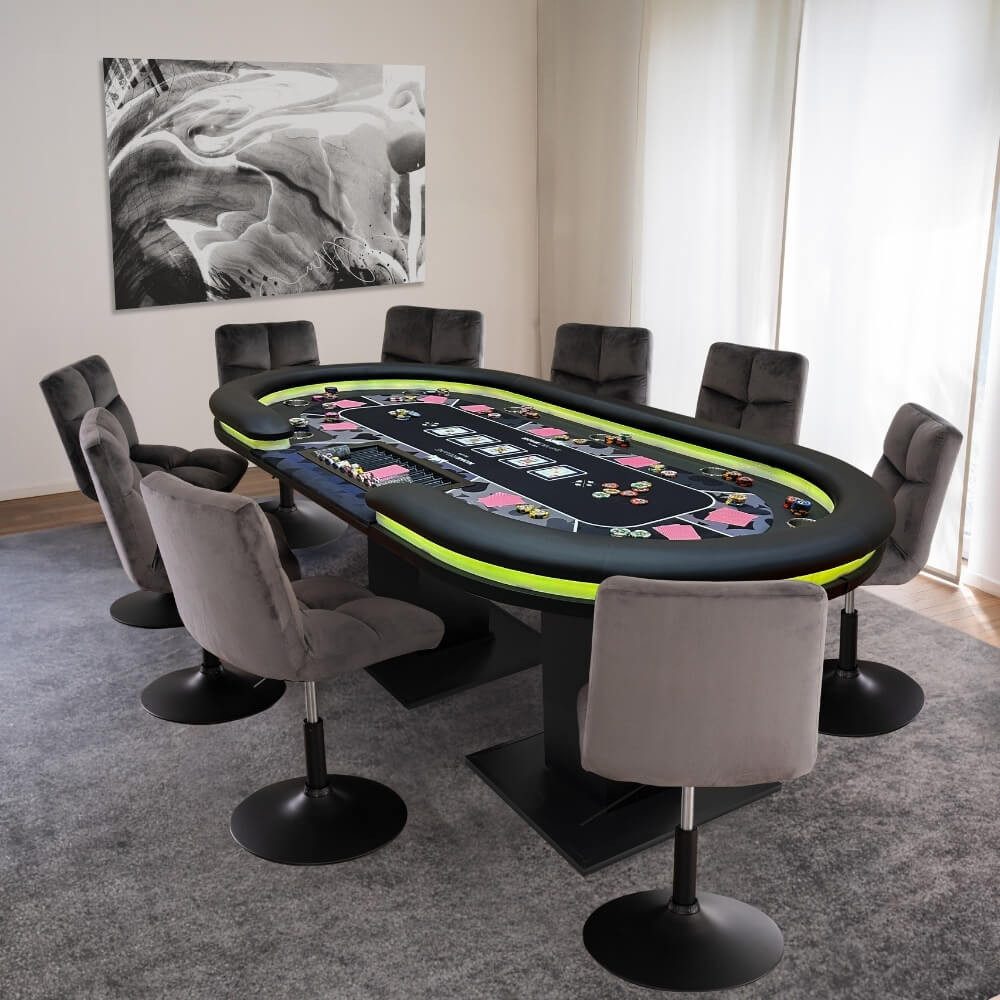 HOME DELUXE Spieltisch LED Pokertisch inkl. Pokerkoffer und Stühle STRAIGHT FLUSH, (1-tlg), 213 x 106 x 78 cm - für 9 Personen, inkl. Getränkehalter & Chiptray