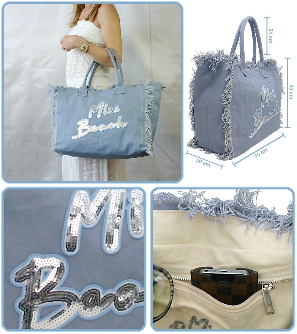 Miss Beach Strandtasche - Badetasche mit Reißverschluss - Shopper aus Canvas - 29 Liter