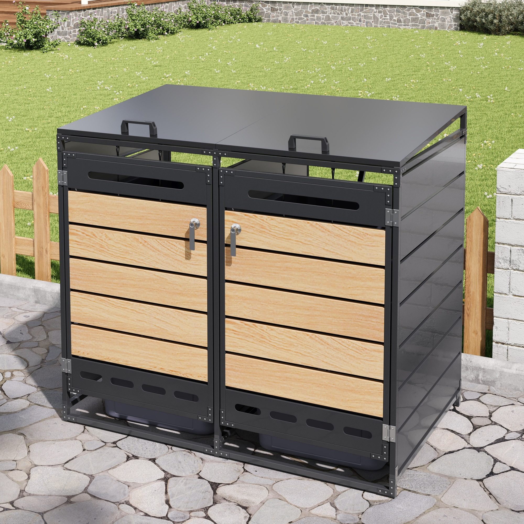 HAUSS SPOLE Mülleimer mit Hydraulikdeckel,Mülltonnenbox Doppelkammer mit Belüftung & Schloss, Garten-Aufbewahrungsschrank mit Holzoptik-Leisten für Garten