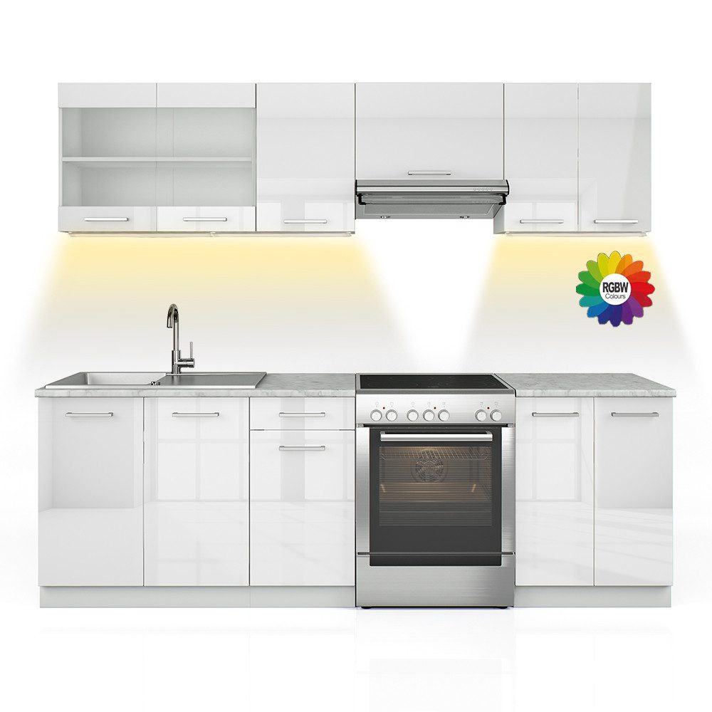 Vicco Küchenzeile R-Line, Weiß Hochglanz/Weiß, 240 cm, AP Marmor mit LED-Leisten
