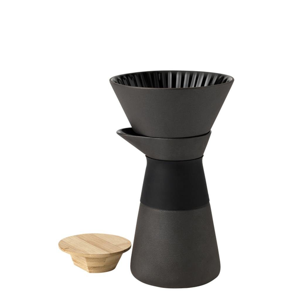 Stelton Kaffeebereiter, 0,6l Kaffeekanne, aus Steingut, Schwarz, mit Bambus-Deckel, Kaffeefilterkanne