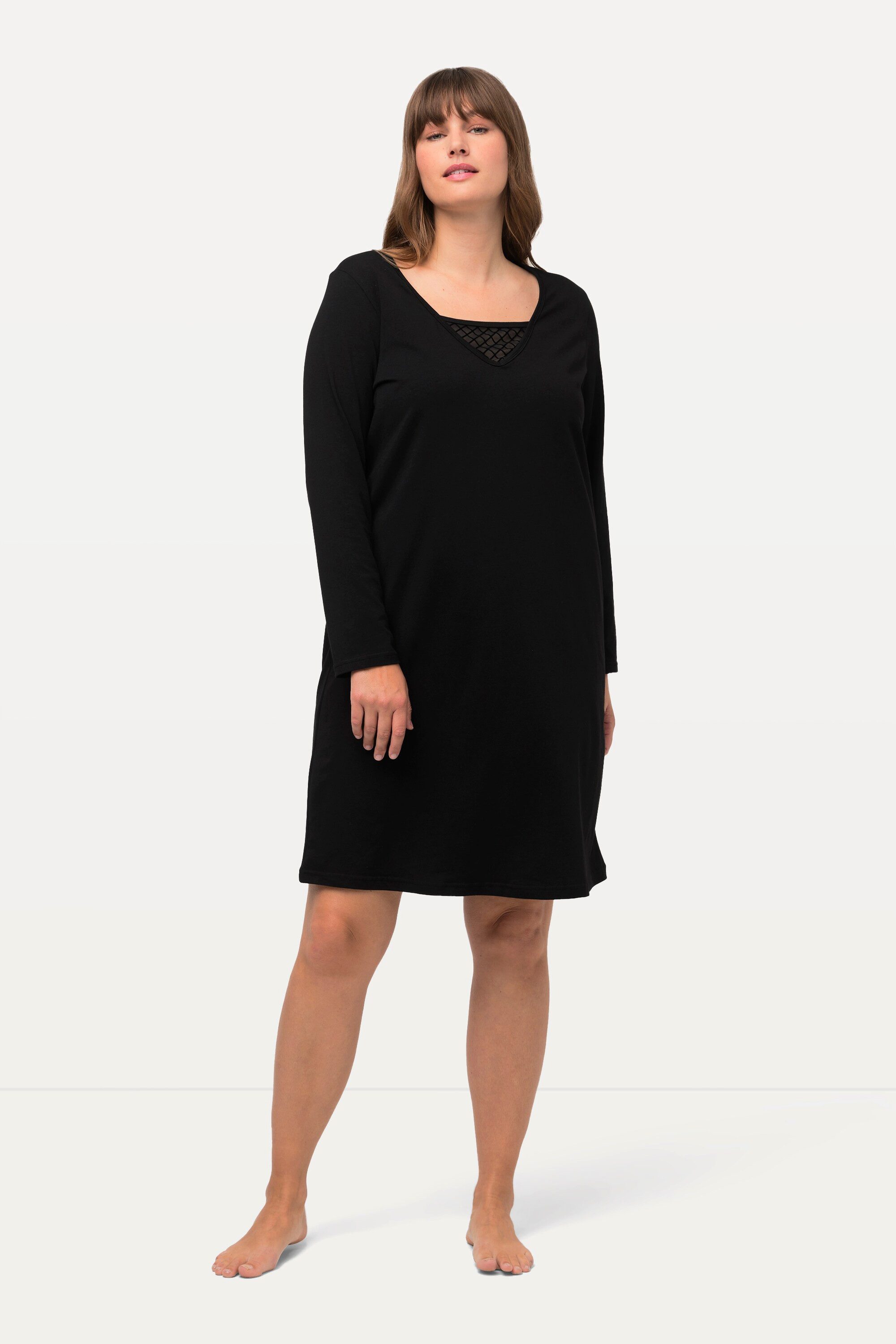 Ulla Popken Nachthemd Nachthemd Samt-/ Mesheinsatz V-Ausschnitt Langarm