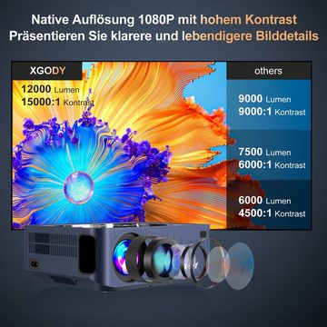 XGODY X1 Pro Beamer (12000 lm, 15000:1, 1920 x 1080 px, 8K, 300-Zoll, Bluetooth, 2,4/5 GHz WiFi, Android 9.0)