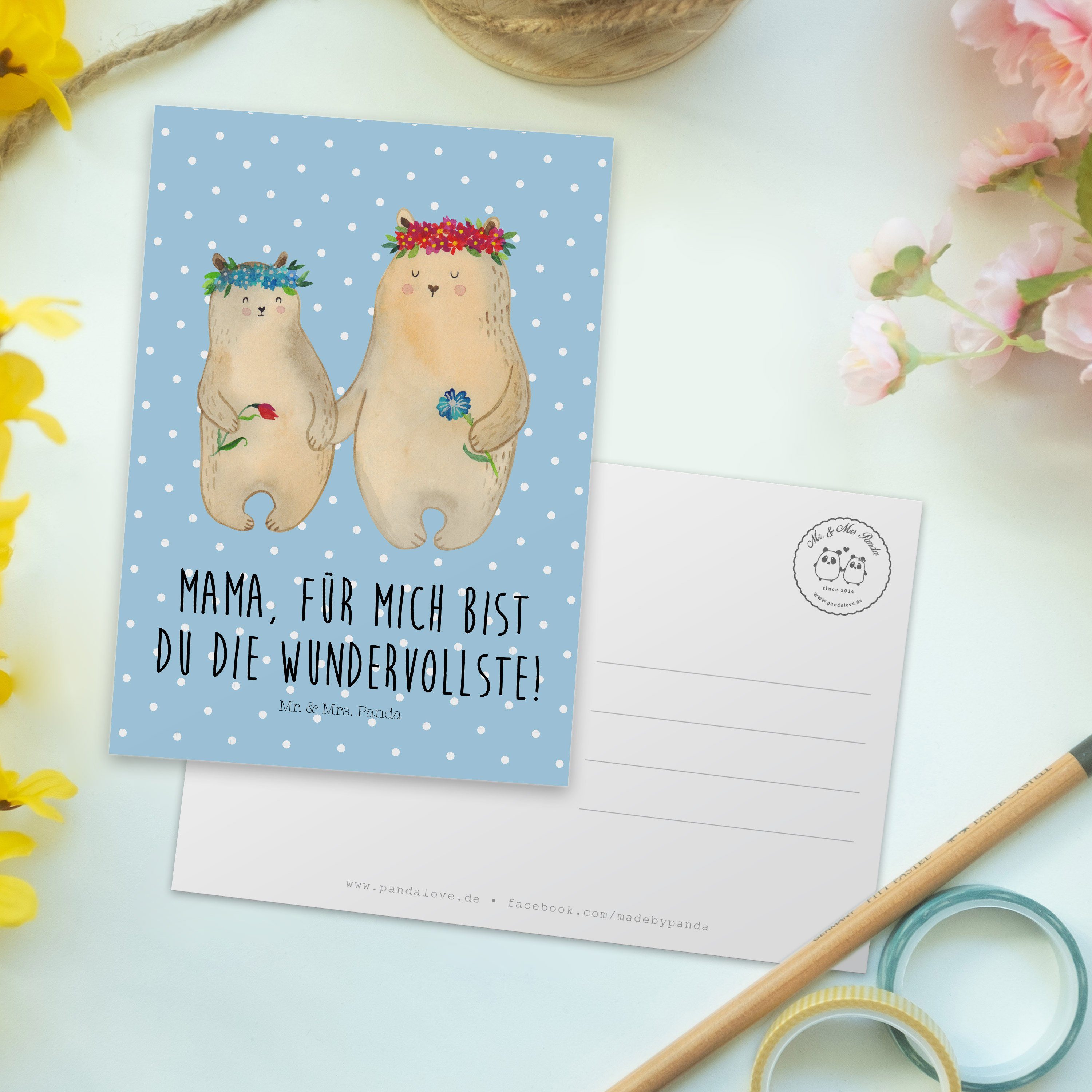 Postkarte Mr. Blumenkranz - Geschenk, Liebl & Mama, - Mrs. Pastell Bären Blau Panda Familie, mit