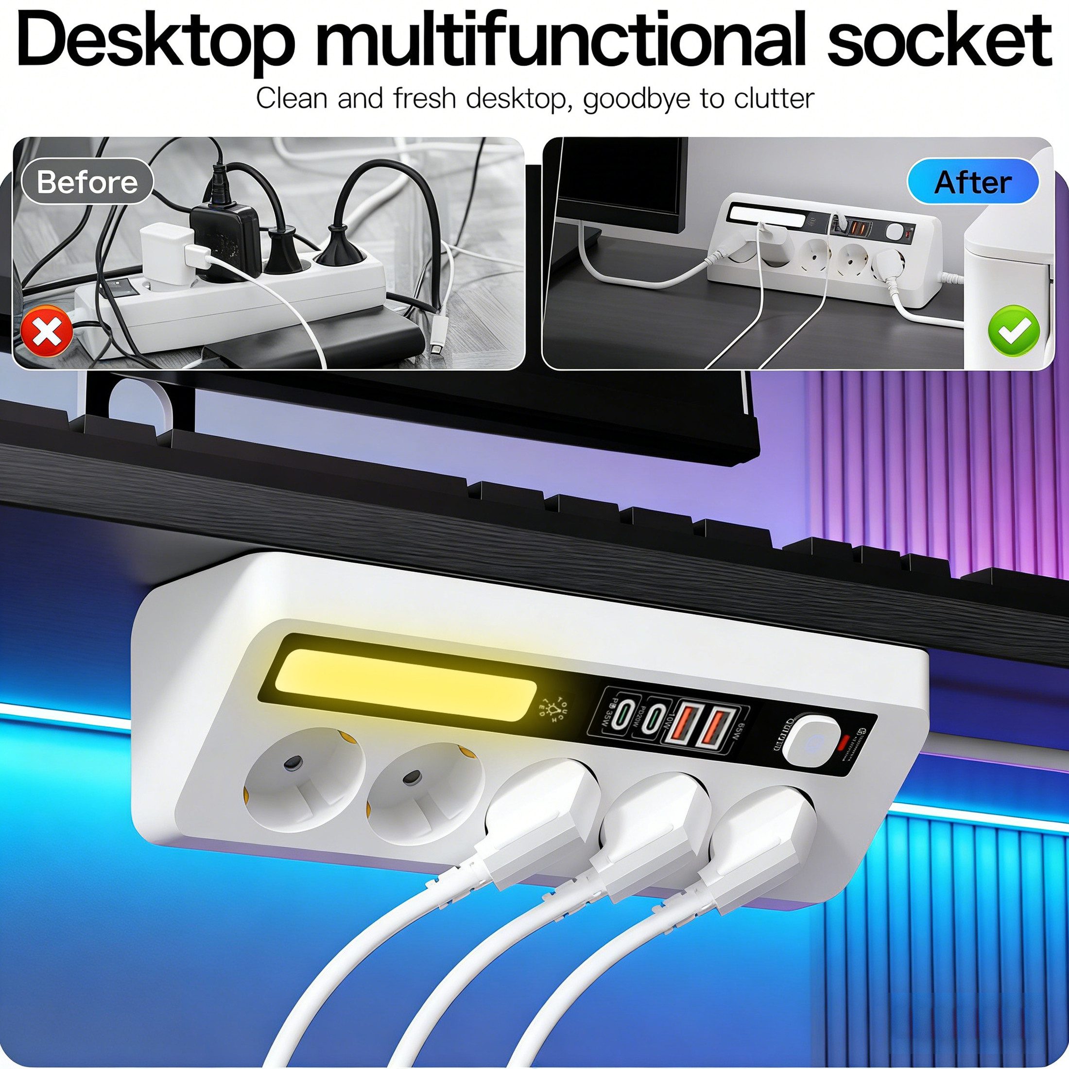 Luckice Tischsteckdosenleiste mit 5 Steckdosen,Eck-Steckdosenleiste Mehrfachsteckdose 9-fach (Ein-/Ausschalter, USB-Anschlüsse, 4 USB-Ports (PD 35 W & 20 W), LED-Statusanzeige, mit Schalter, Steckdosenleiste 5-fach, mit USB, mit Kindersicherung, Schutzkontaktkupplung, Überspannungsschutz, Quick Charge, Power Delivery, mit USB Ladeanschluss), 2 m Kabel, Ecksteckdose für Büro und Zuhause