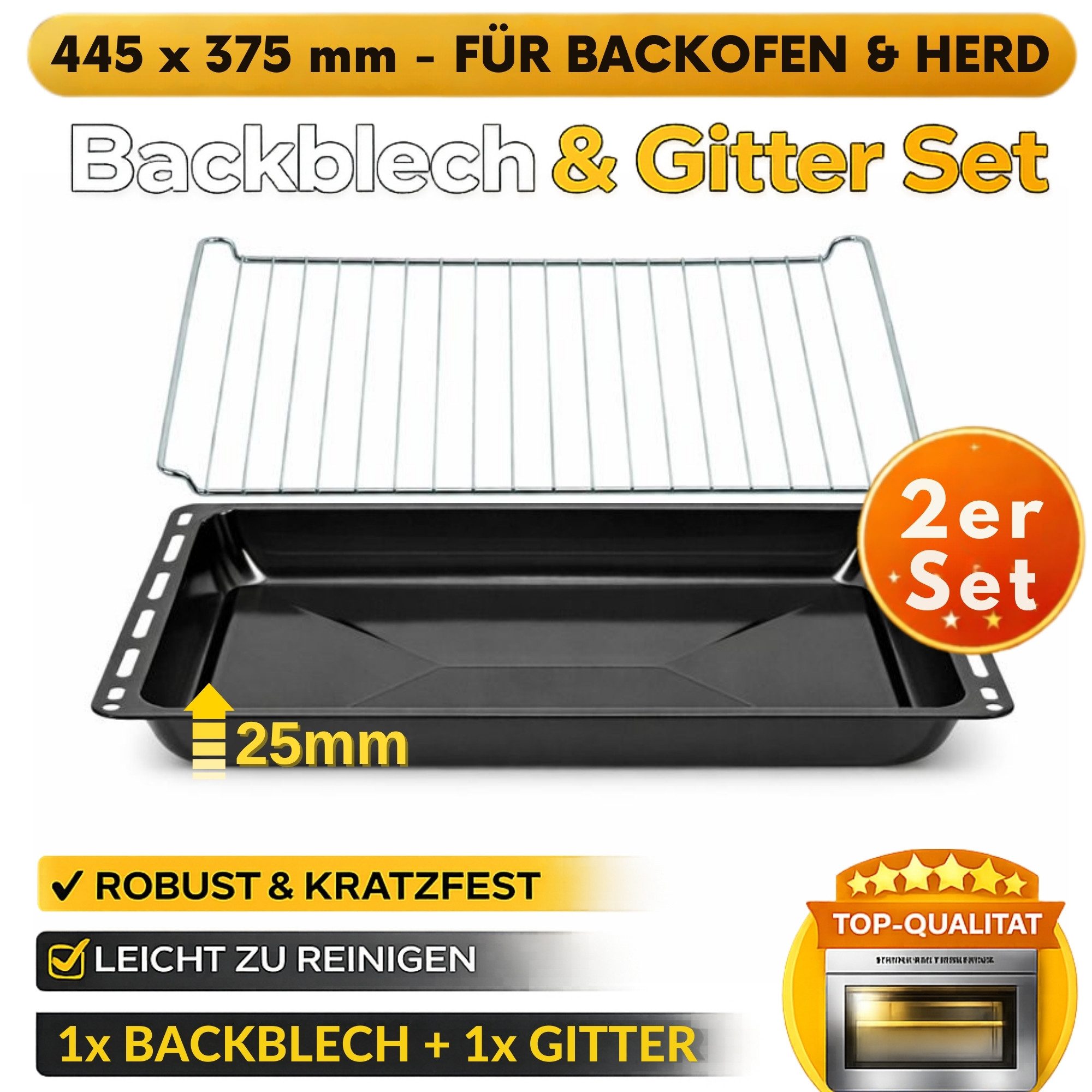 ICQN Backblech 445 x 375 x 25 mm, Emaille, (Set mit Backofenrost, 2-St., Backblech mit Gitter), Passend für Whirlpool, Ignis, Bauknecht, Indesit, Algor, Neckermann