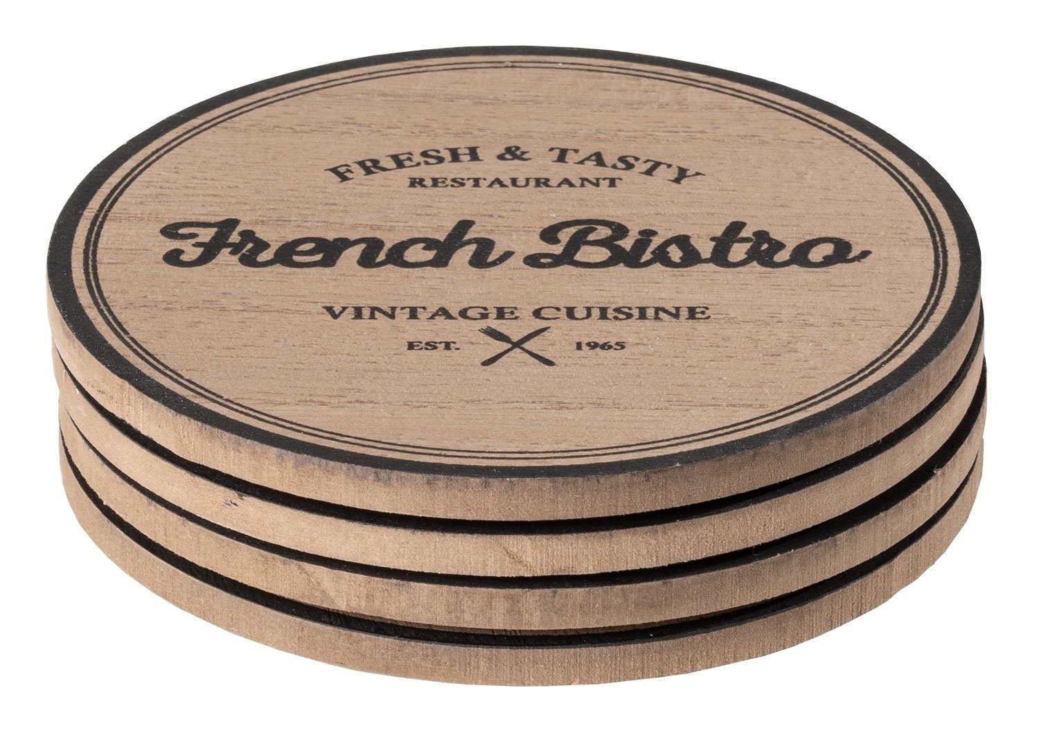 Topfuntersetzer Untersetzer 4er Set TASTY, Braun, Ø 20 cm, Holz, Zubehör für Pfannen, Töpfe, Auflaufformen, mit schwarzer Aufschrift und Umrandung, für Töpfe