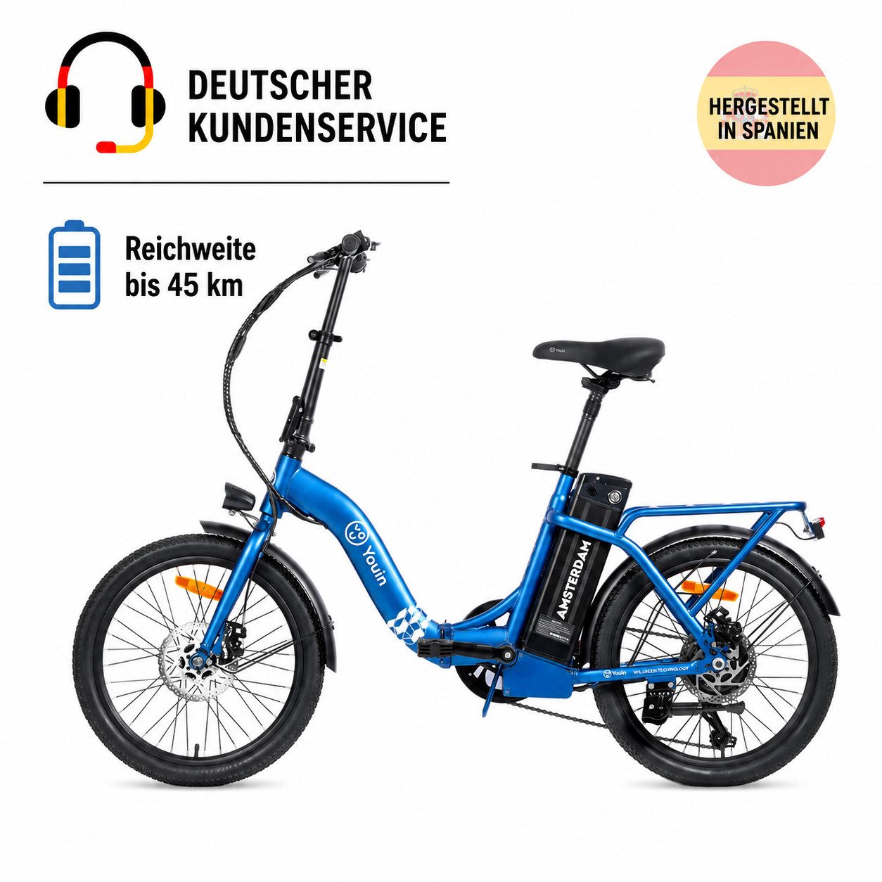 PixelPilot E-Bike Cityrad Amsterdam 20 Zoll Klapprad Elektrofahrrad bis 45 km, 7 Gang, Heckmotor, 281 Wh