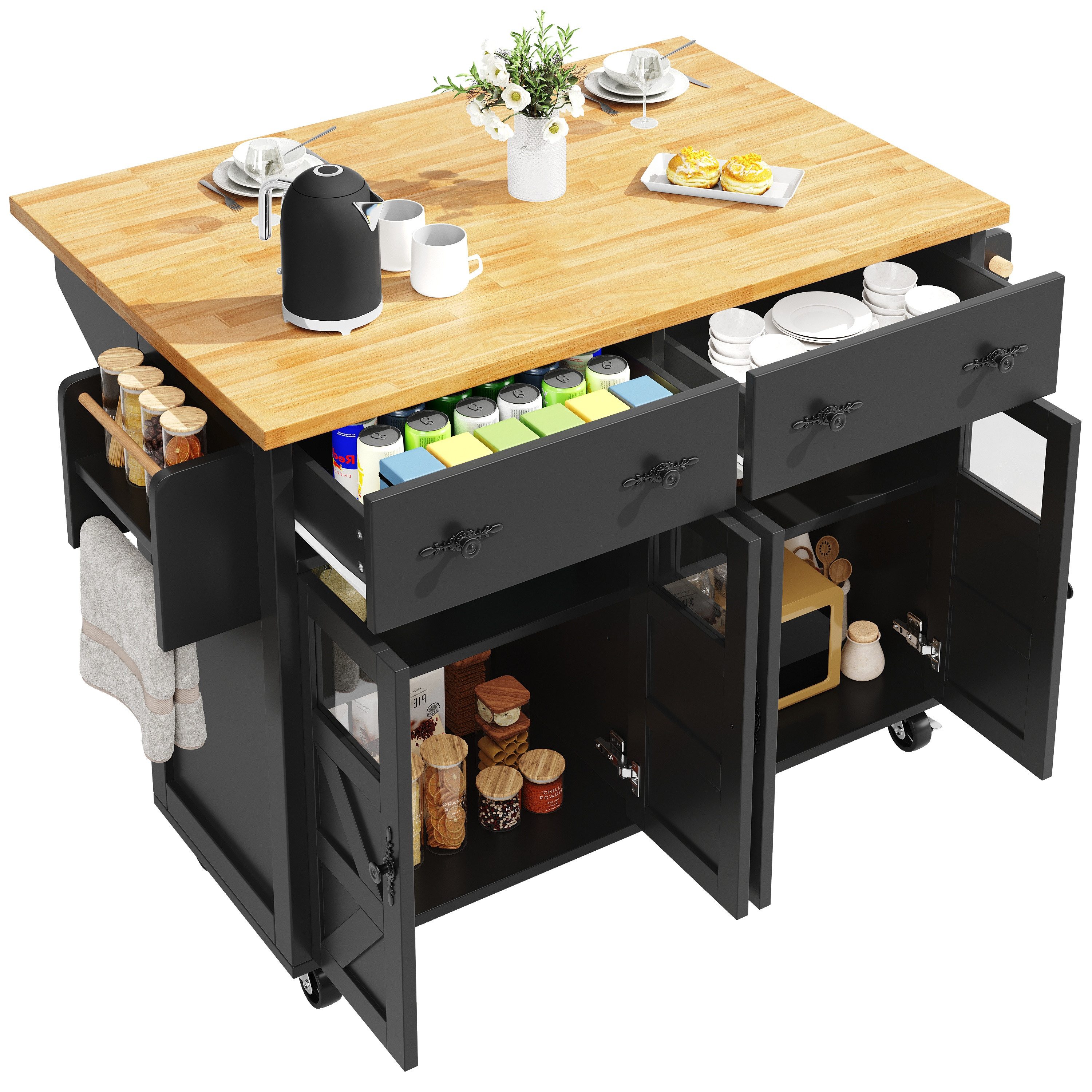 autolock Kücheninsel Multifunktionaler Servierwagen Mobiler Buffetschrank Küchenwagen, Mit Bremsen & verstellbaren Fächern, für Esszimmer,Wohnzimmer, Küche