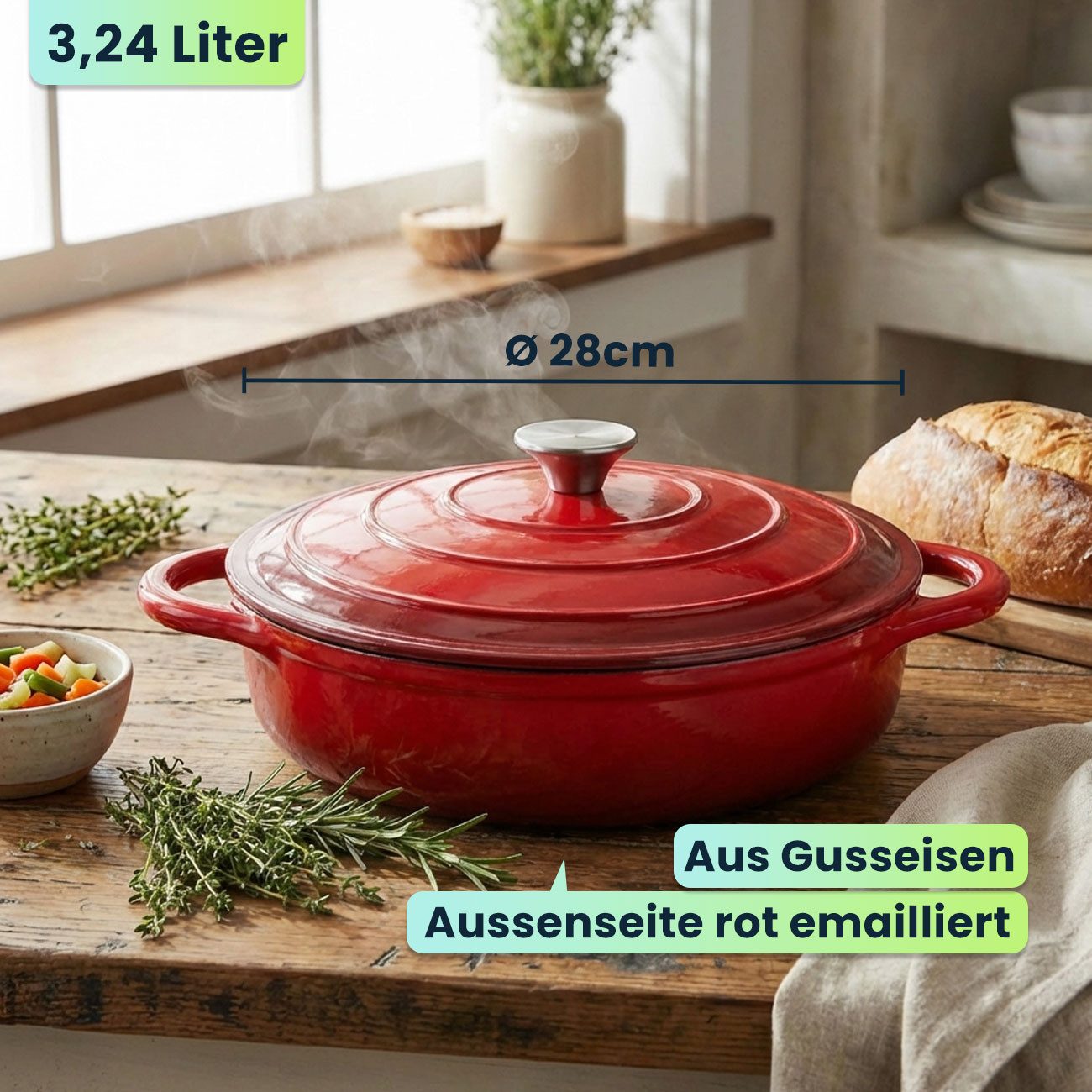 Casativo Schmortopf Gusseisen Topf 28cm Rund mit Deckel Rot 3,24L Schmortopf emailliert, Gusseisen, Ø 28 x 6,9 cm/für Induktion, Gas & Elektro/backofenfest