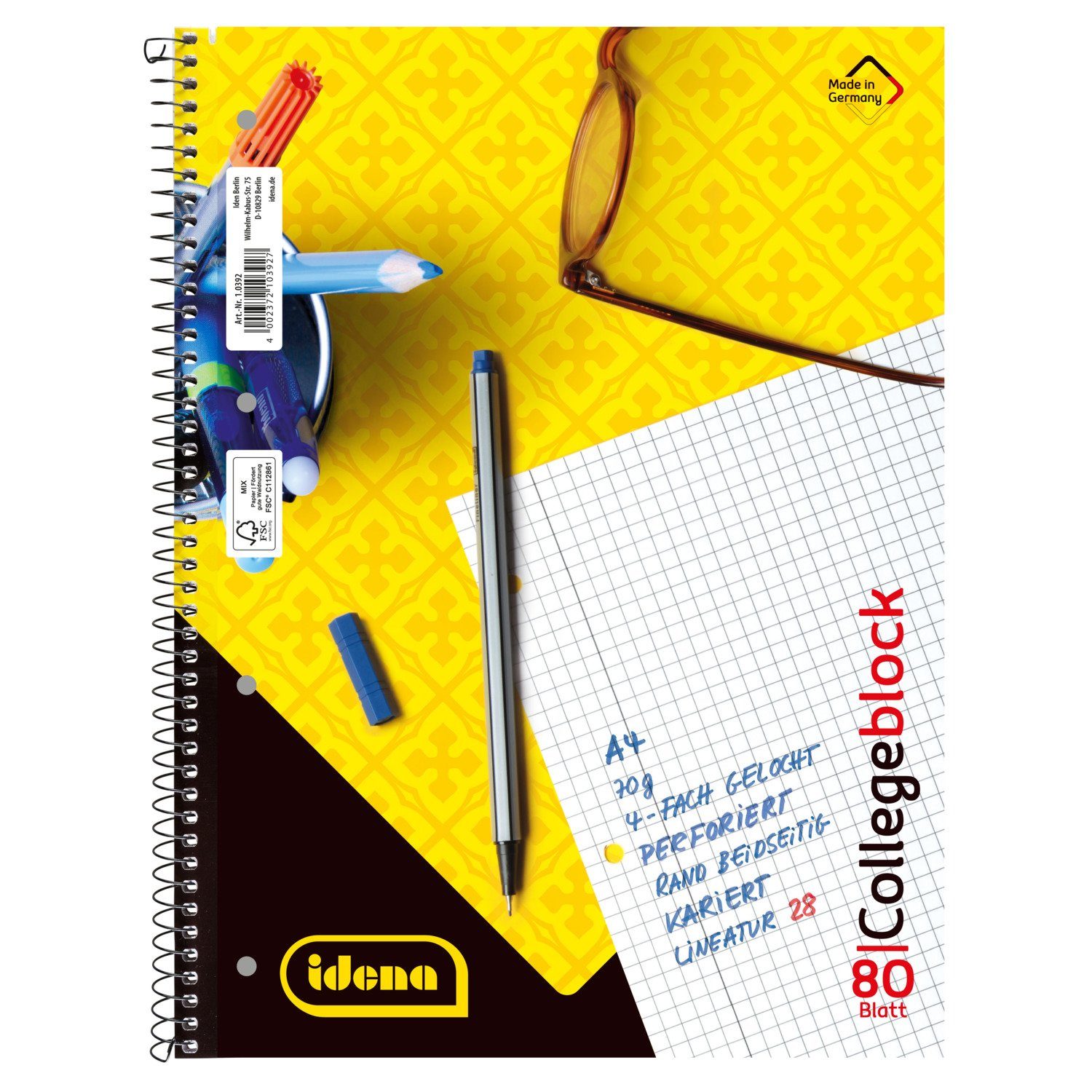 Idena Collegeblock Idena 10392 - Collegeblock, DIN A4, 80 Blatt, 70 g/m², kariert, geloch