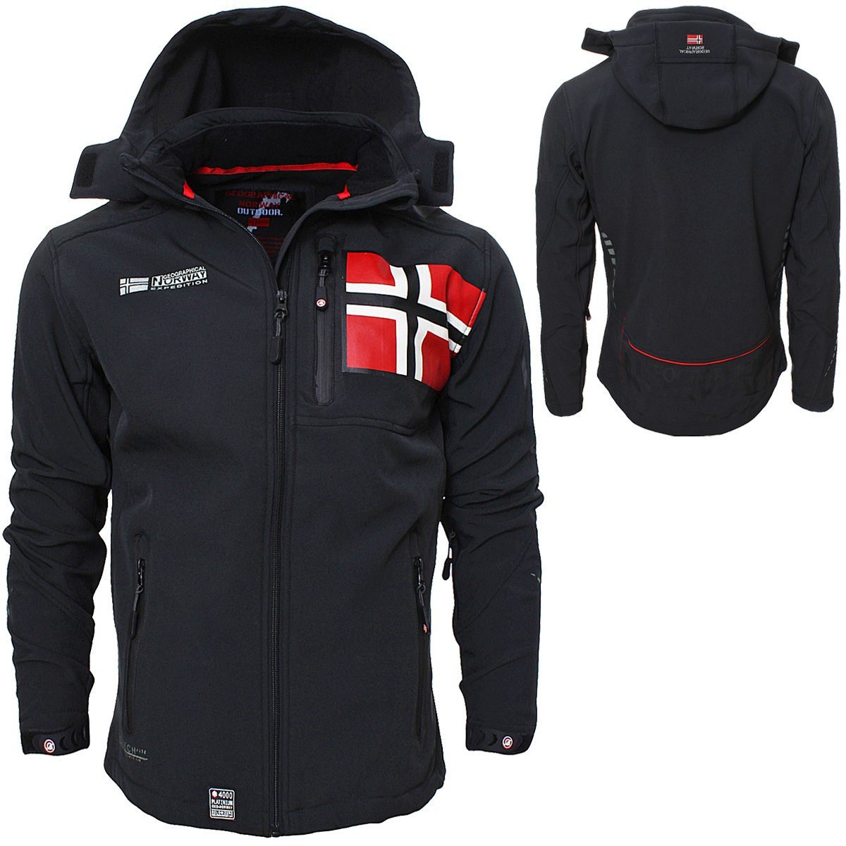 Geographical Norway Softshelljacke Geographical Norway Herren Softshelljacke Rova auch in Großen Größen erhältlich, mit abnehmbarer Kapuze, Norwegen Flage Schwarz