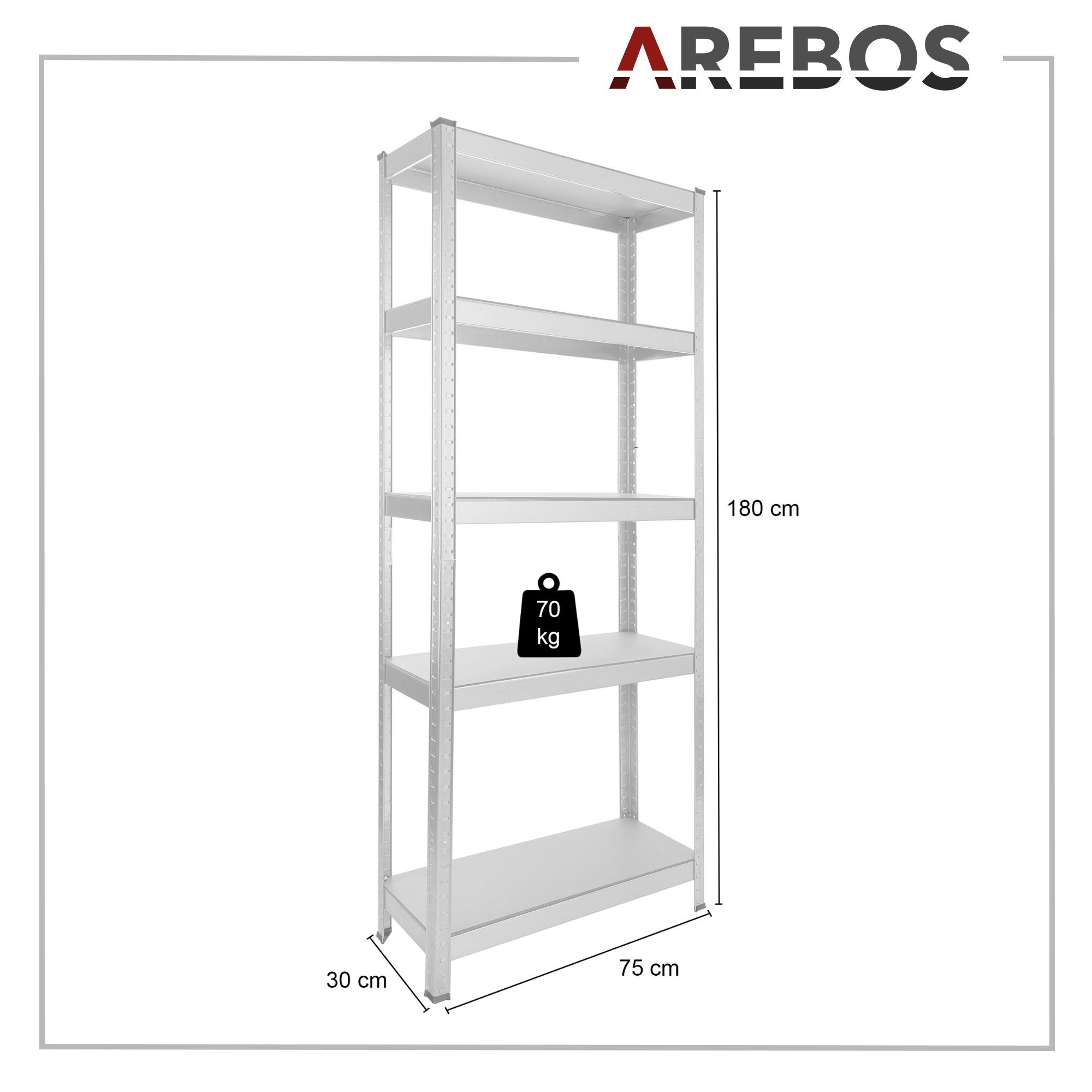 Arebos Schwerlastregal 180x75x30 cm, 350 kg Traglast, Steckregal, Lagerregal, Set 2-tlg., Flexibel einsetzbar: für Werkstatt, Garage, Keller oder Lager – Bild 4 von 5
