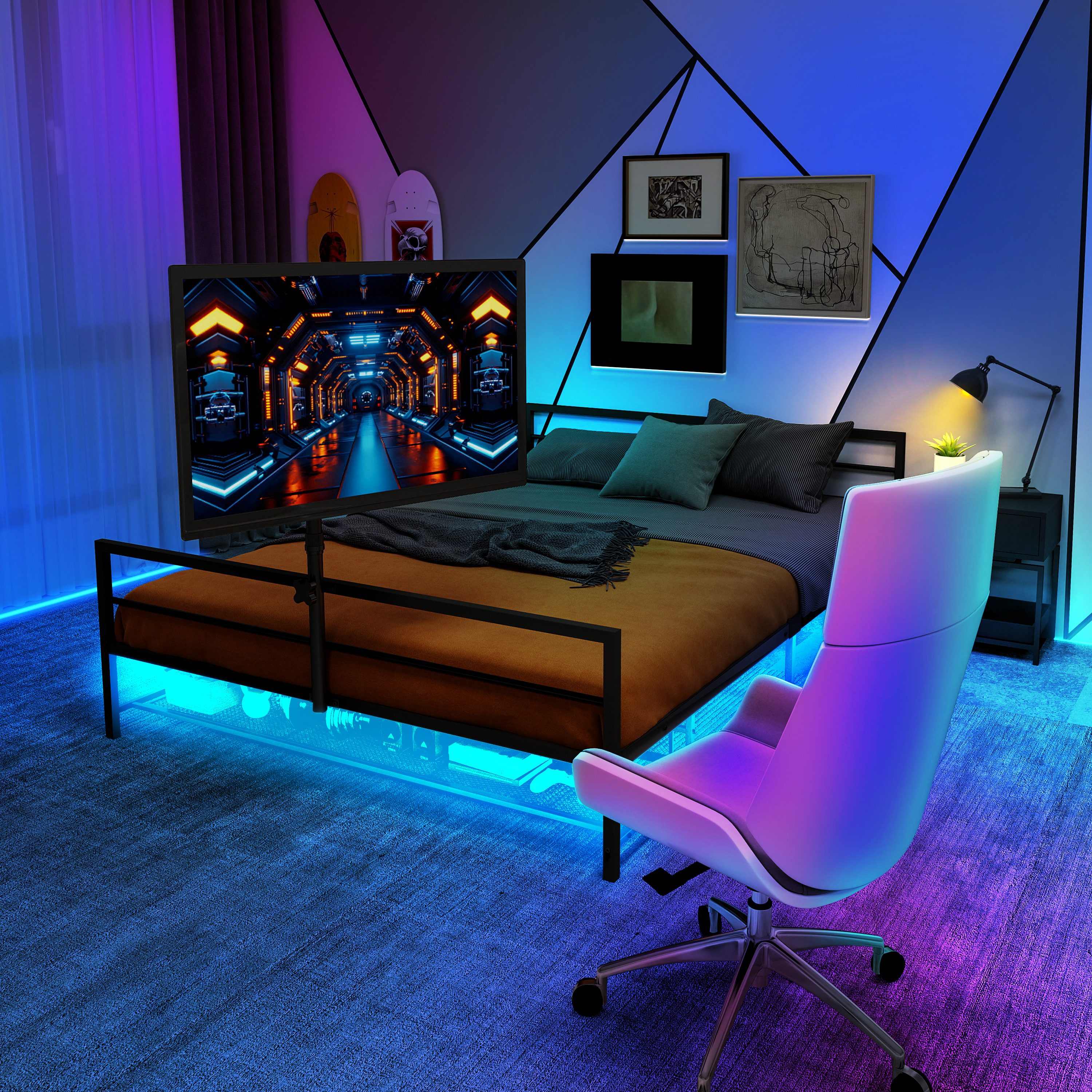 REDOM Metallbett Multifunktionaler Bettrahmen mit LED-Beleuchtung (mit Unterbett-Aufbewahrungskörben. mit einer Länge von 206 cm, 90x200 cm, Gaming-Bett mit verstellbarer Halterung), ohne Matratze