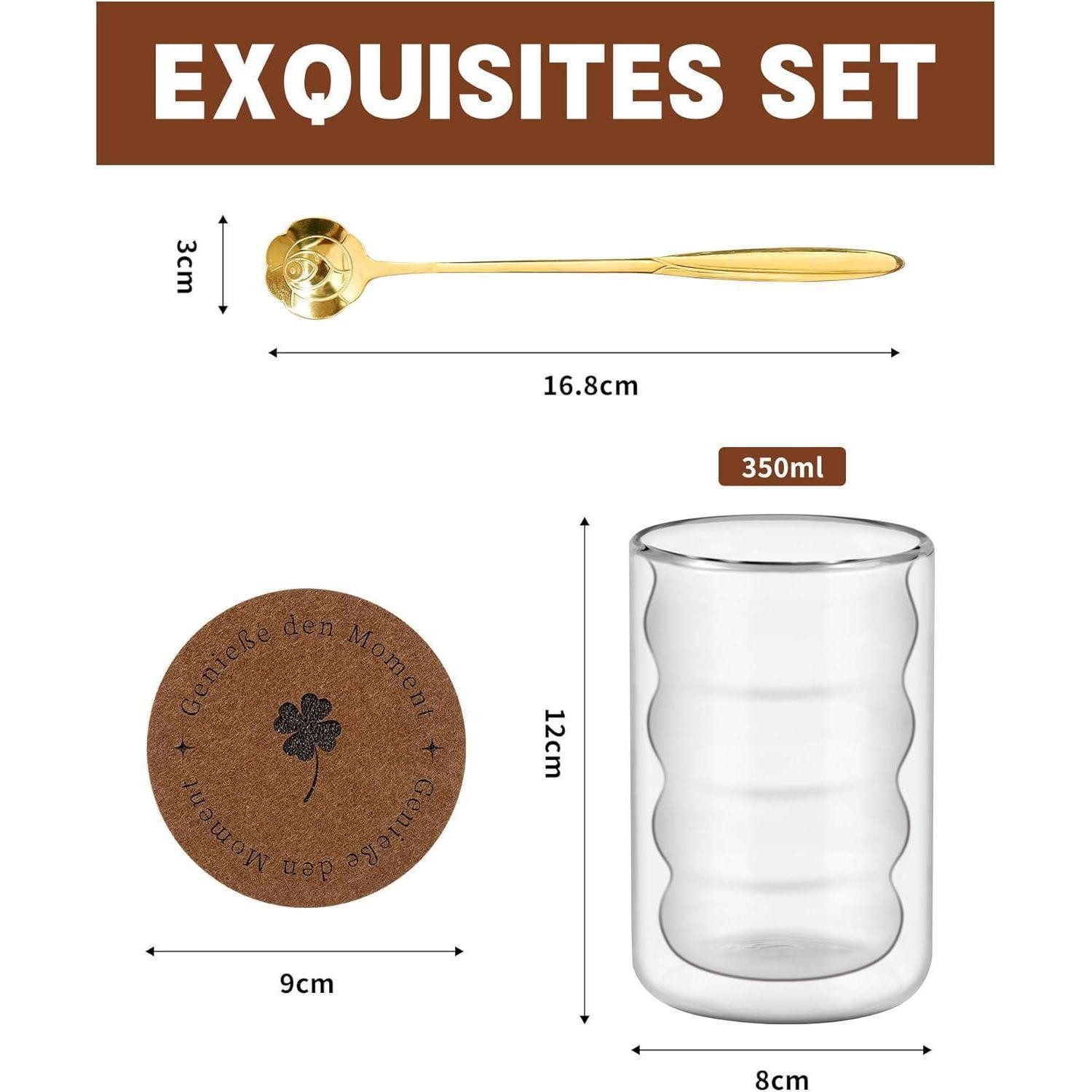 LuxusKollektion Latte-Macchiato-Glas Latte Macchiato Gläser Set 4 Löffeln 4 Untersetzern 350ml Transparent