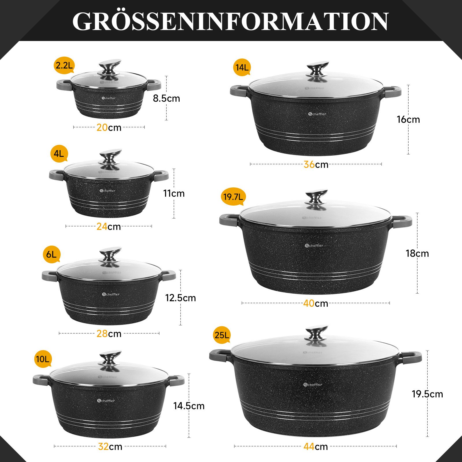 Scheffler Suppentopf Kochtopf 20/24/28/32/36 cm Servierpfanne Bratentopf Topf Induktions, Aluminium (2 Silikon Griffschutz, Spülmaschinengeeignet, für alle Herdarten), Induktion