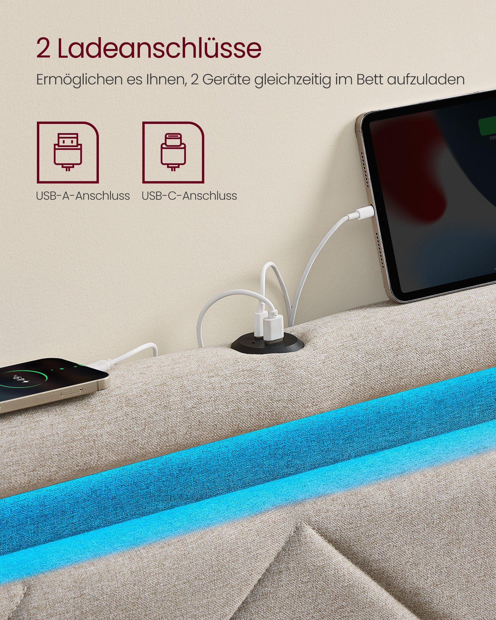 VASAGLE Polsterbett inkl. ergonomischer Matratze, 7-Zonen Taschenfederkernmatratze Set, 140x200 cm, 4 Schubladen, USB, H3 – Bild 4 von 5
