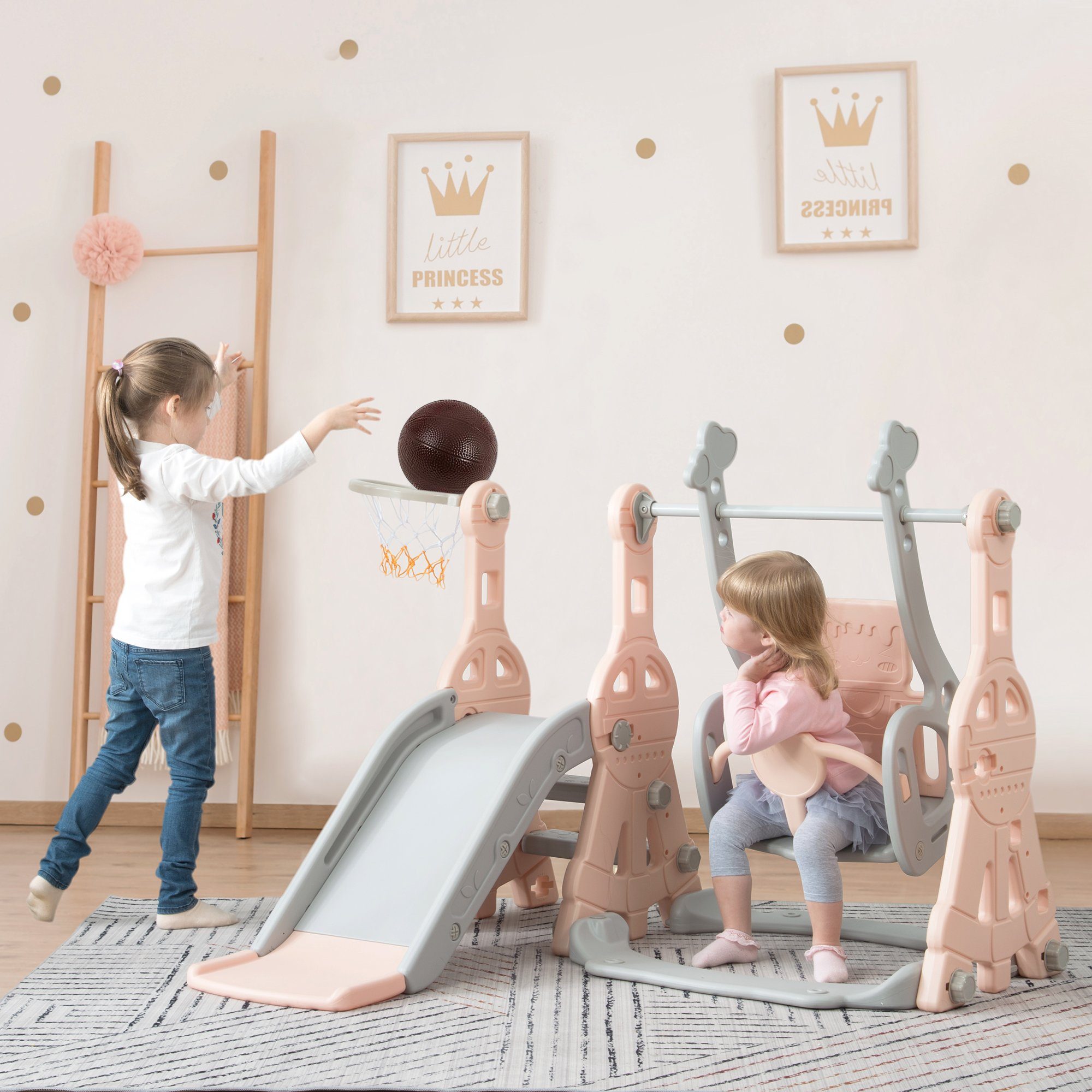 HAUSS SPLOE Indoor-Rutsche Rutsche mit 1-6 Kinderrutsche Rutsche für Rutschbahn), Rutsche Kinder Pink Indoor (Schaukel Jahre Kletterspielzeug, Gartenrutsche 4-in-1 & & Outdoor