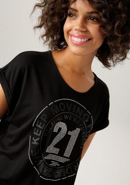 Aniston CASUAL T-Shirt mit silberfarbenen Glitzersteinchen und Frontdruck