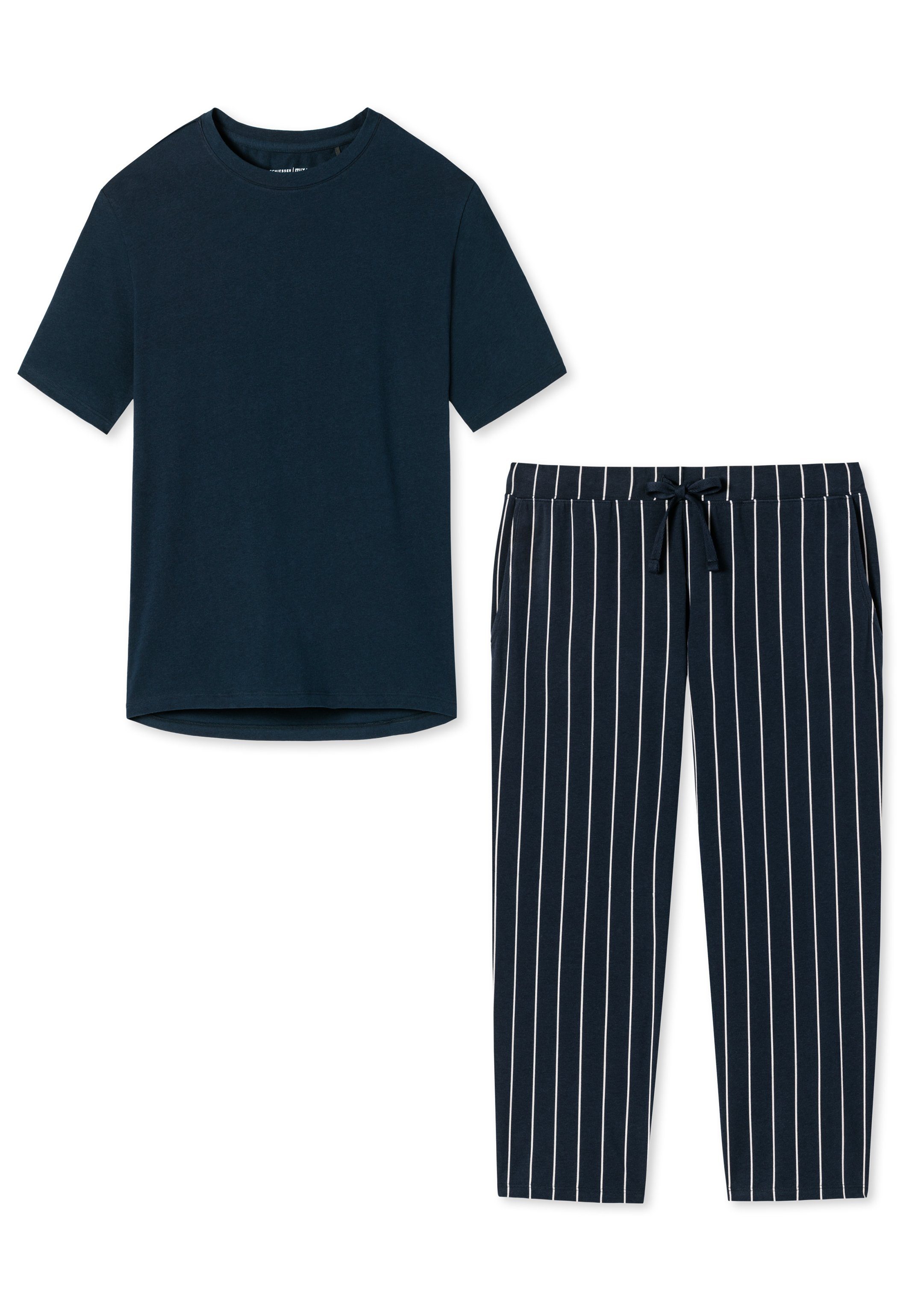 Schiesser Pyjama Organic Cotton (Set, / - 2 Blau Baumwolle Dunkelblau Schlafanzug tlg) gestreift 