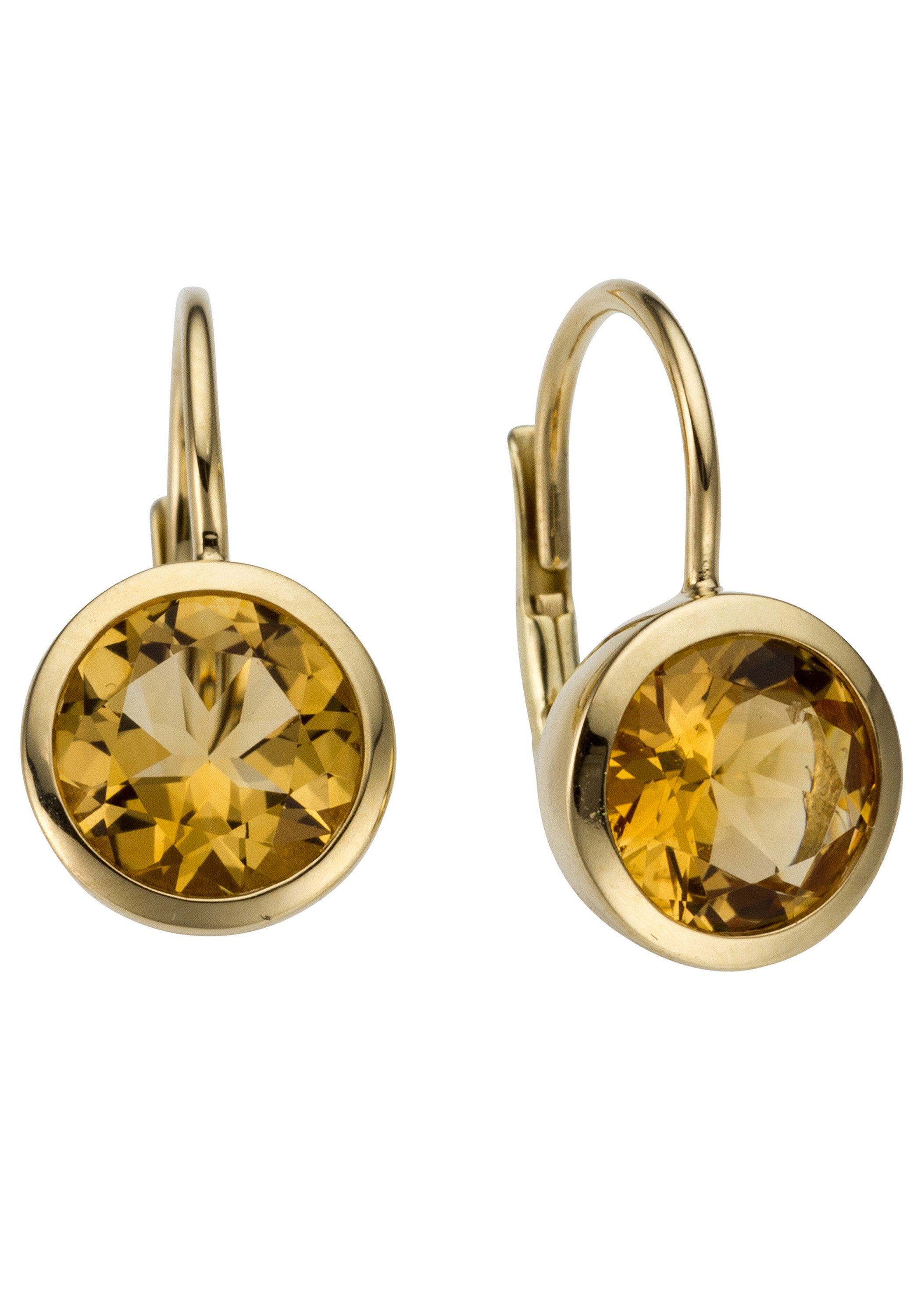 JOBO Paar Ohrhänger Farbstein-Ohrringe 16 mm, 14 Karat 585 Gold mit Citrin