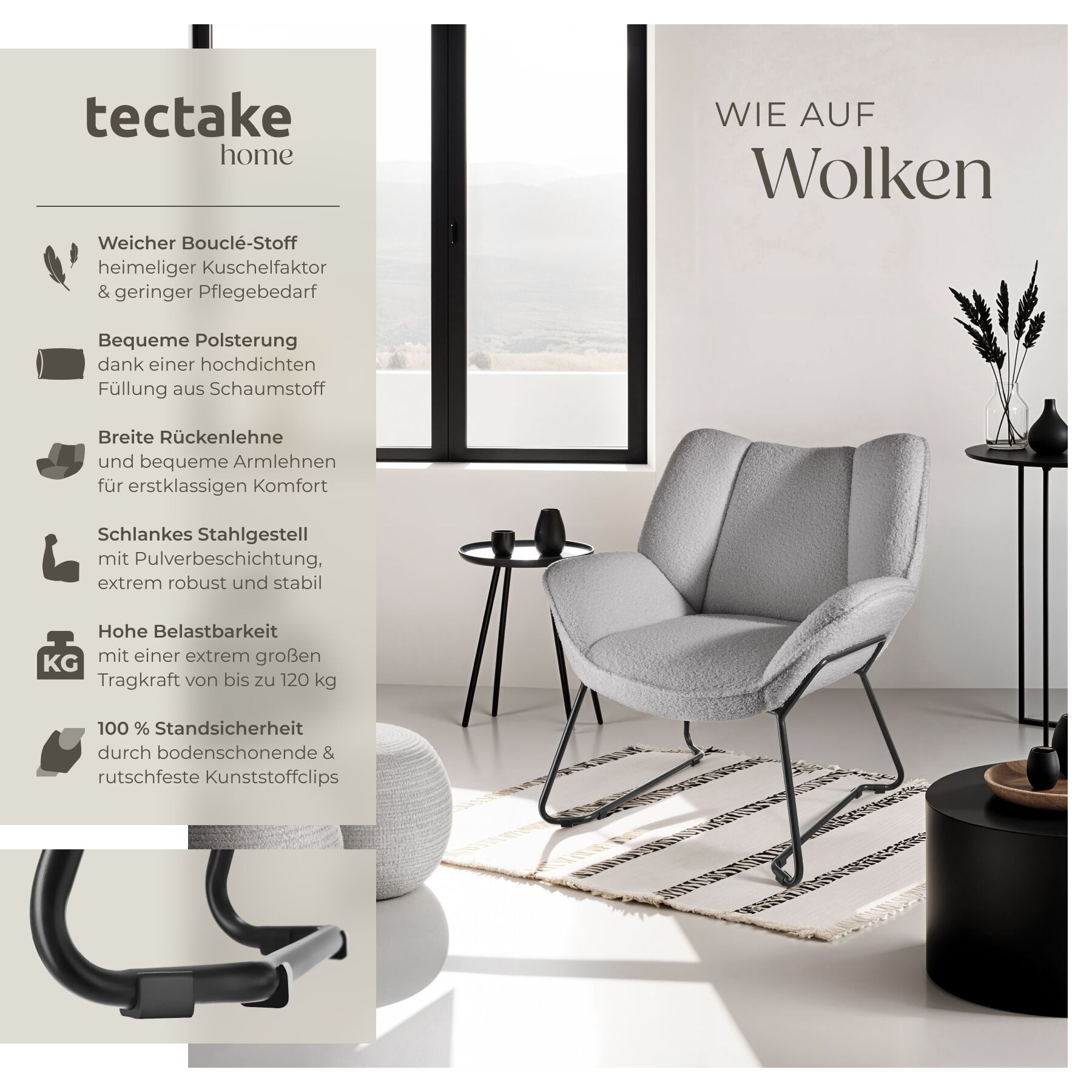 tectake Esszimmerstuhl Sessel Kjeld Bouclé, gepolstert, Belastbarkeit 120 k günstig online kaufen