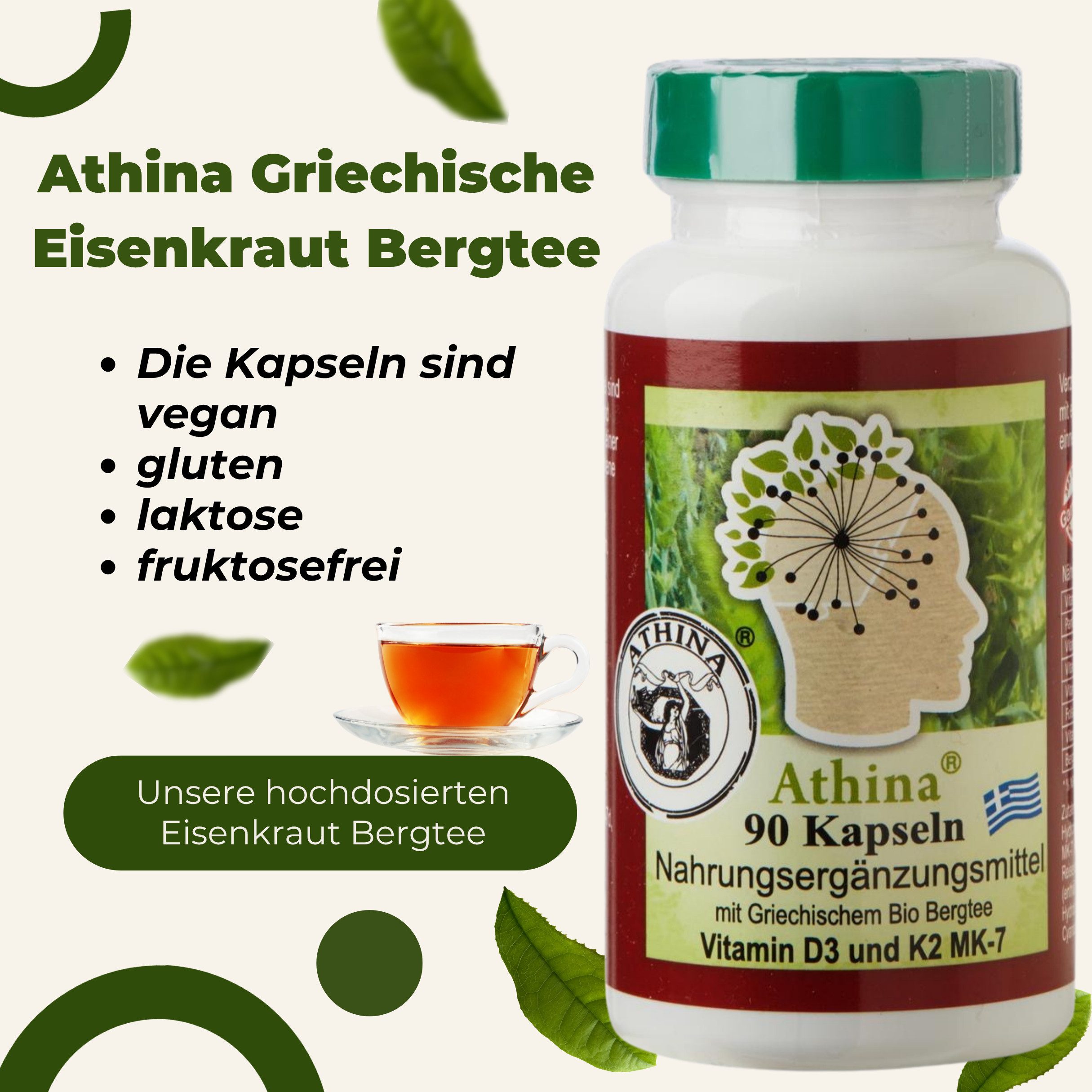 Athina Griechisches Eisenkraut Vitamin D3 und K2 MK-7 Bergtee Kapseln, 70 g