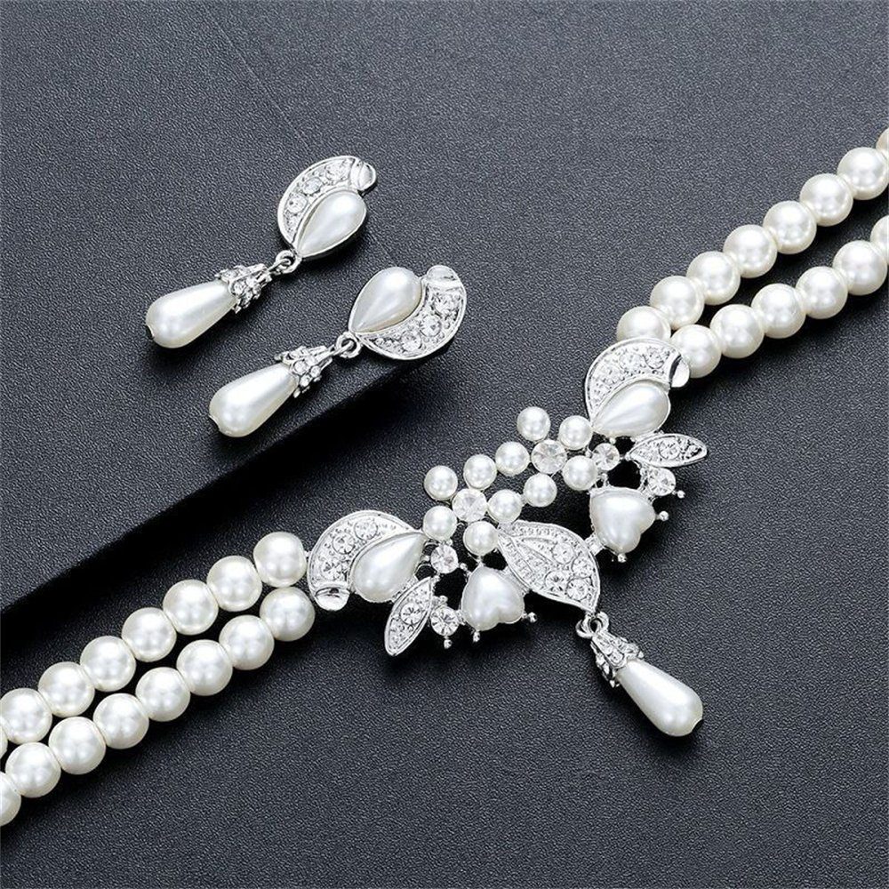 Perlenkette 3 Set Zirkonia Choker-Set Braut Ohrringe Rouemi Set, von Halskette Armband