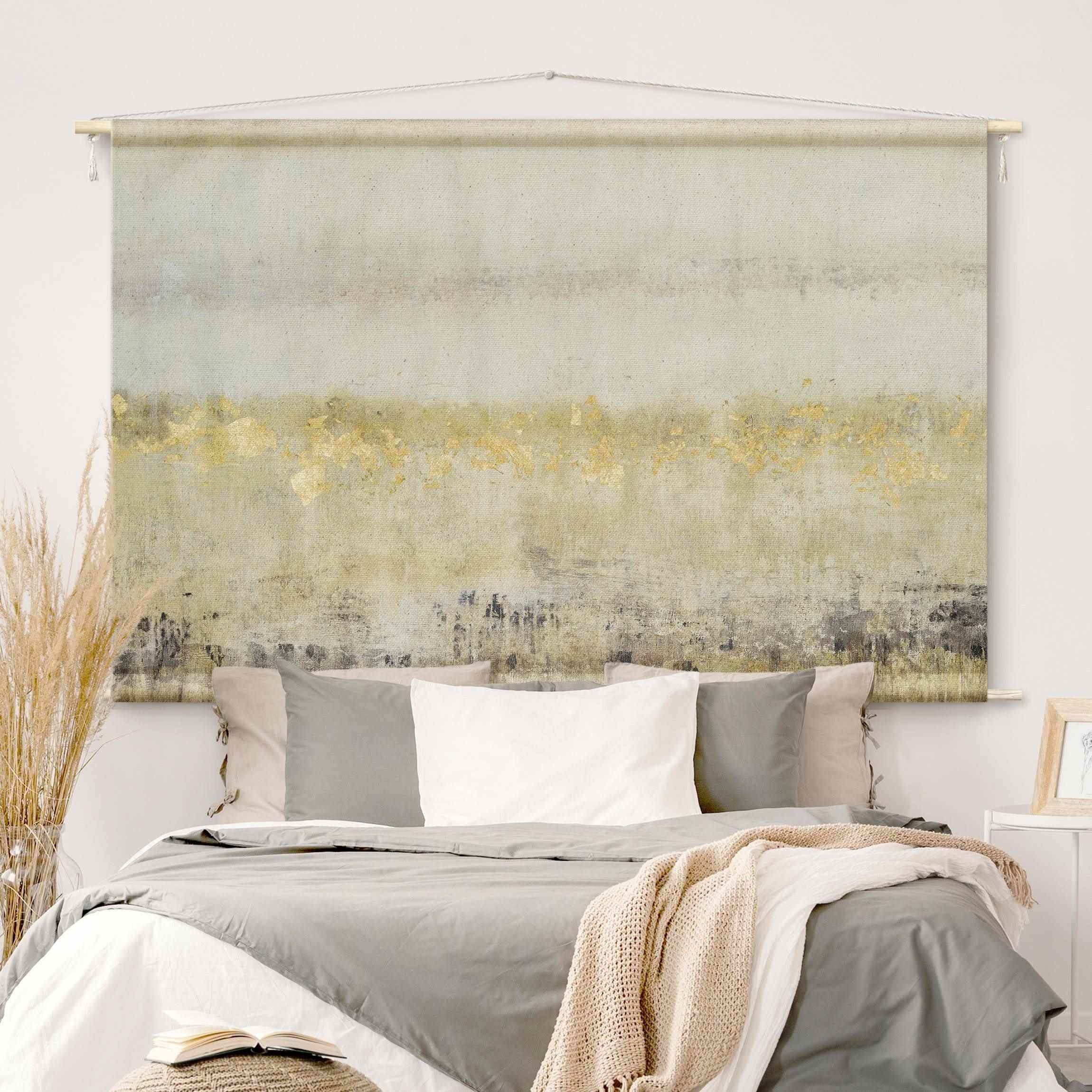 Bilderdepot24 Wandteppich modern Abstrakt Goldene Farbfelder I weiss, rechteckig, Höhe: 2.6 mm, großes Wandbild aus Natur-Baumwolle Wandbehang Stoffbild Tuch Wollseil