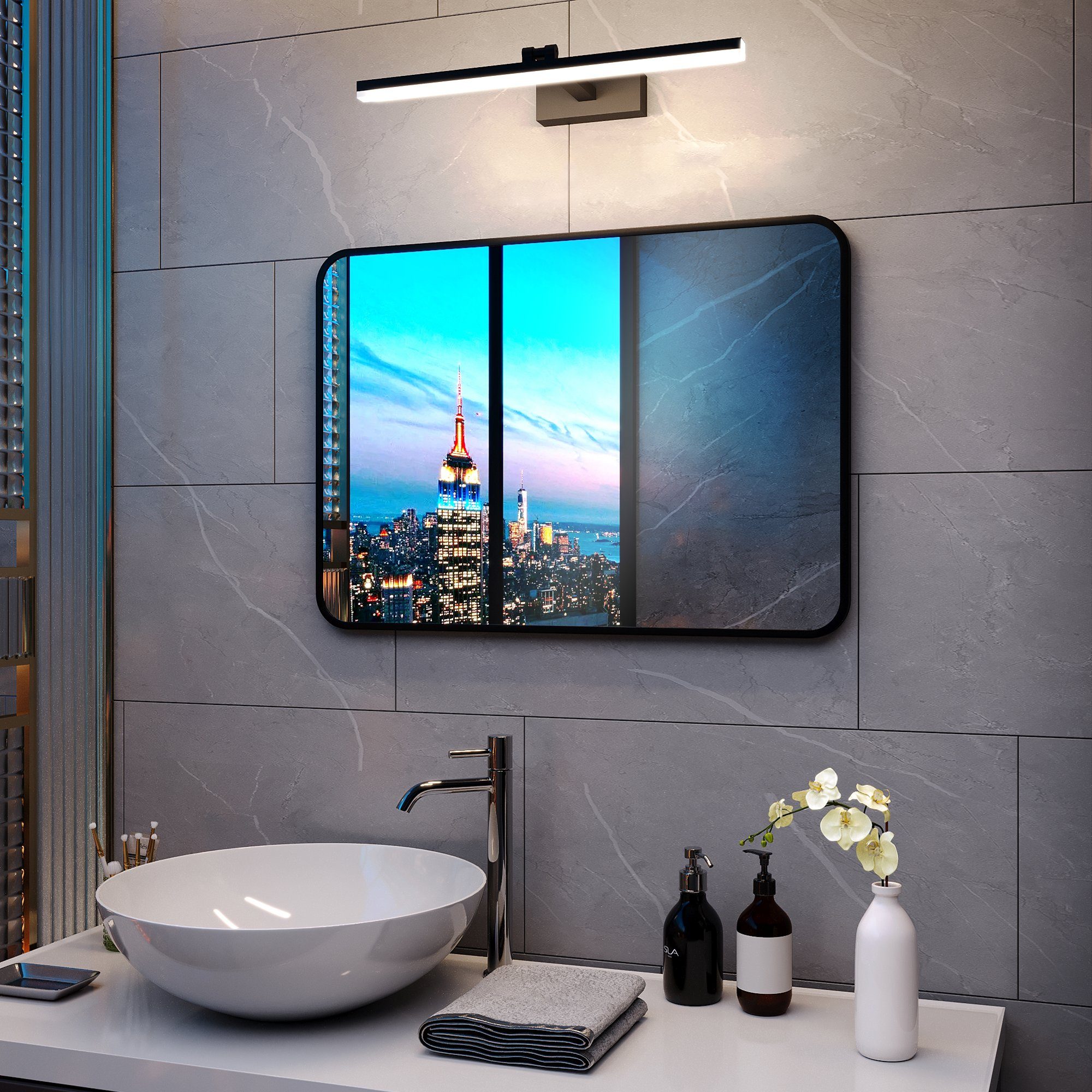goezes badspiegel led mit beleuchtung 80x60 100x60 50x70 wandspiegel  schwarz rechteckig (spiegel bad schwarz metall rahmen, mit 60cm  wandleuchte, 180°