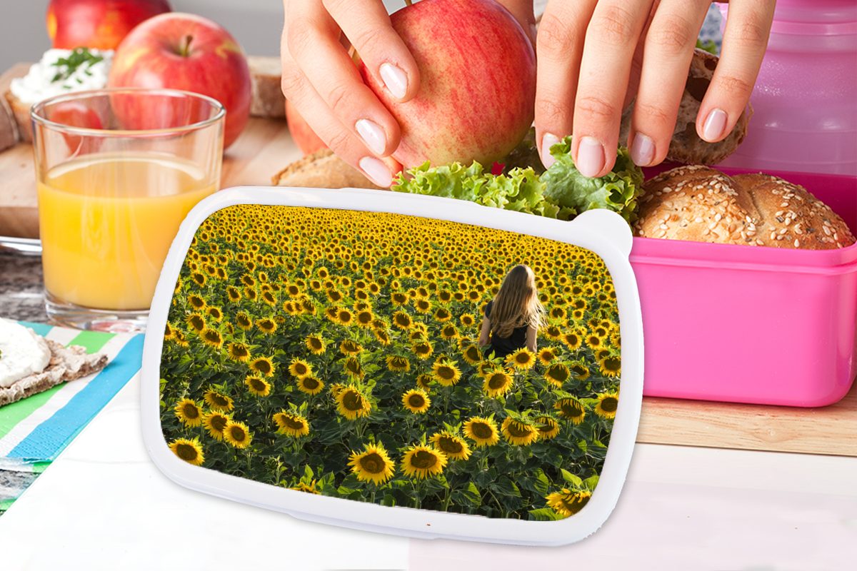 MuchoWow Lunchbox Kunststoff Sonnenblume (2-tlg), Frau Erwachsene, Kinder, Kunststoff, - Snackbox, Brotdose Frühling, für Mädchen, - Brotbox rosa