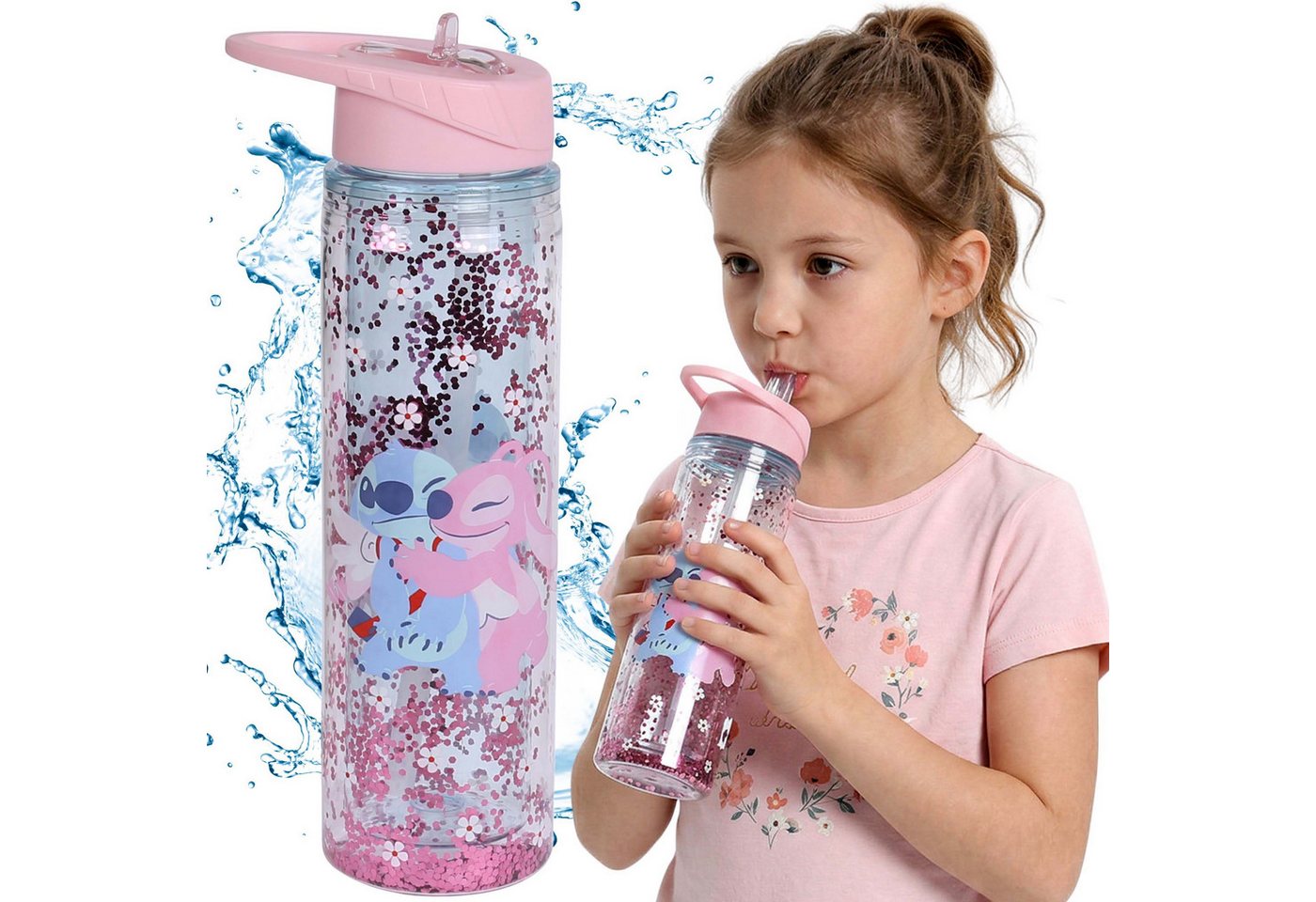 Disney Trinkflasche DISNEY Stitch Wasserflasche 550 ml mit Trinkhalm und Griff