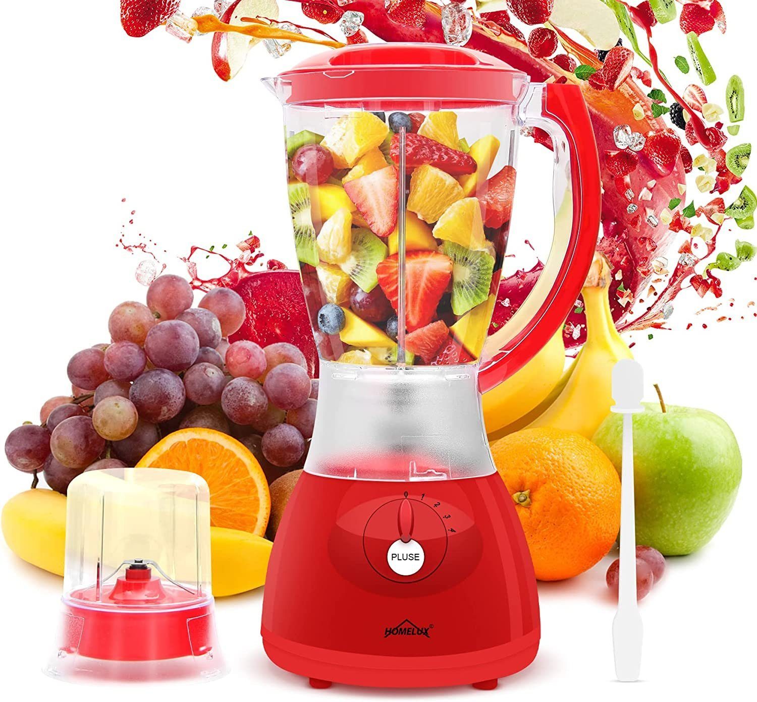 HOMELUX Standmixer 400w 1,5 L Kunststoff Mixer Smoothie Maker 3 in 1 Universal Blender, 400,00 W, 4 Geschwindigkeit, Impulsfunktion, Küchenmixer mit Stopfer