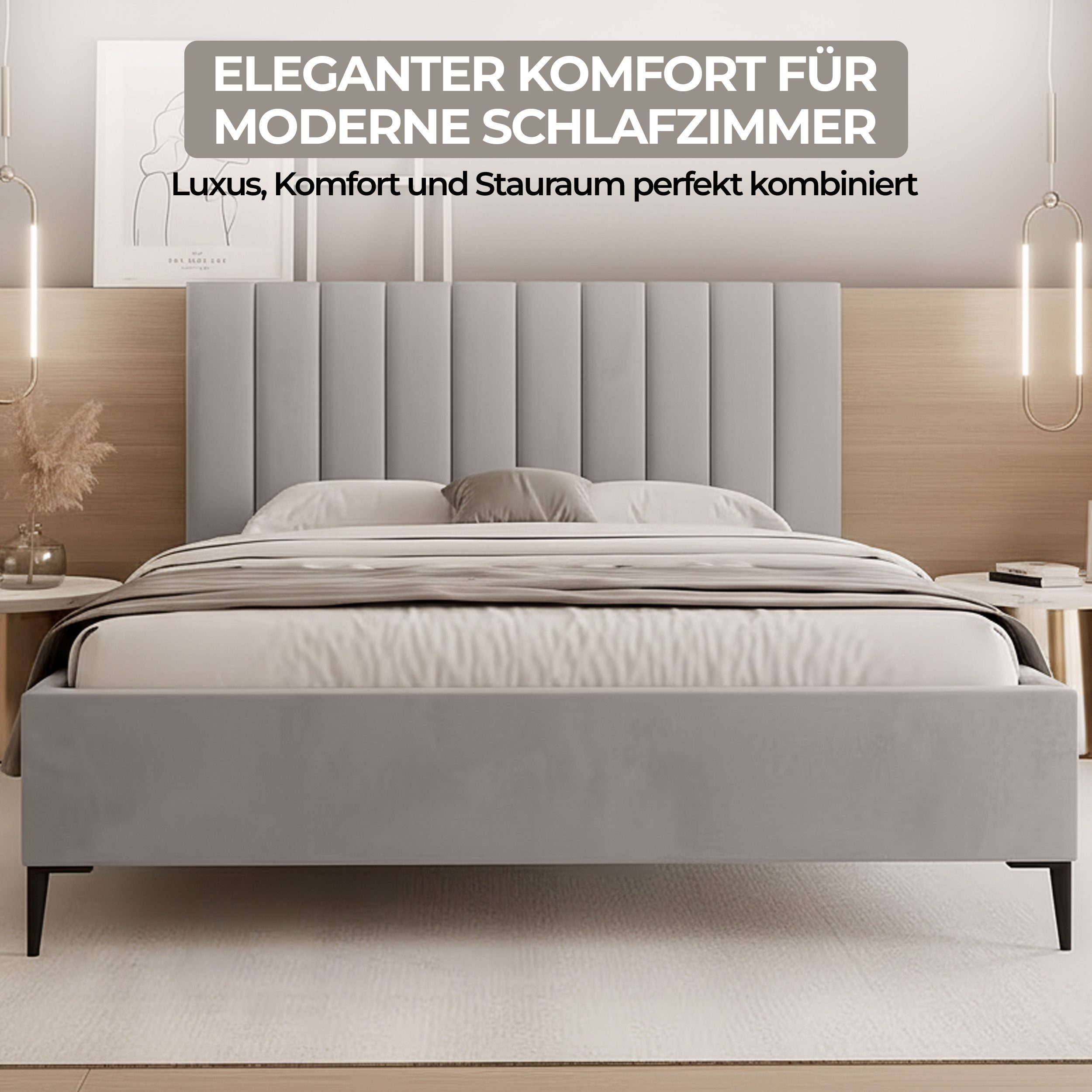 Goldstoff Polsterbett Elegantes Bett "AUREO" mit hohem Kopfteil & Stauraum für Schlafzimmer (120–200x200 cm, Kopfteilhöhe: 90/110 cm, Seitenhöhe: 25/40 cm), Mod – Bild 3 von 5